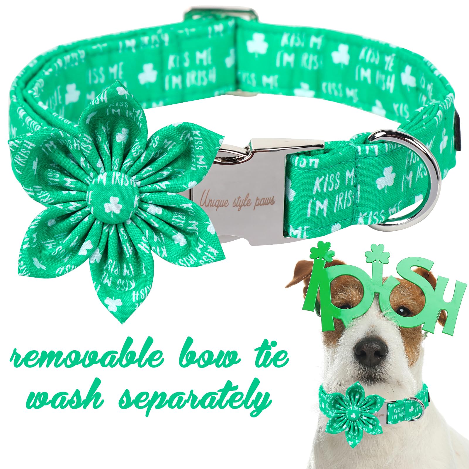 Unique Style Paws St. Patrick'S Dog Collar With Bow Green Clover Dog Collar Flower Bowtie Collar For Large Medium Small Dogs
