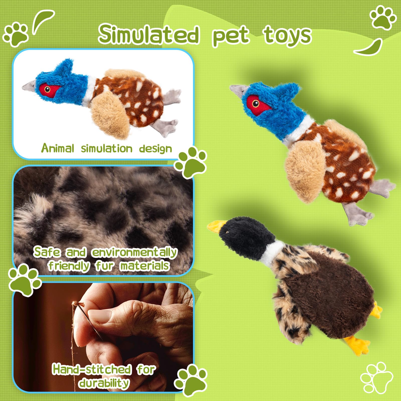 Calibonbon 2-Pack Stuffing-Free Squeaky Dog Toys - Pheasant & Duck Plush (4 Squeakers Each) | Durable Hollow Body for Medium Dog