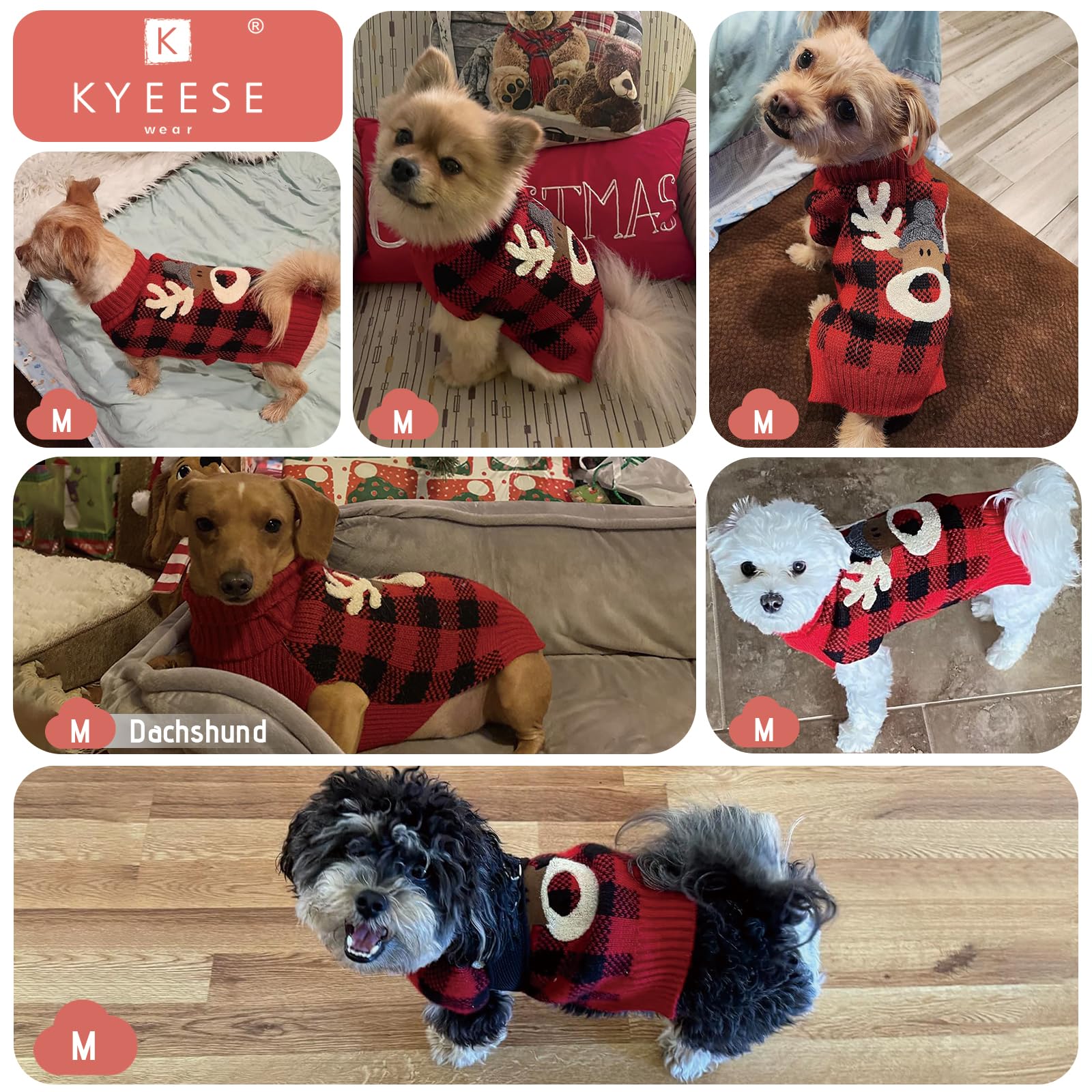 Kyeese Christmas Dogs Sweaters Reindeer Small Dog Sweaters Red Buffalo Check With Leash Hole Pet Sweater Pet Clothes,M