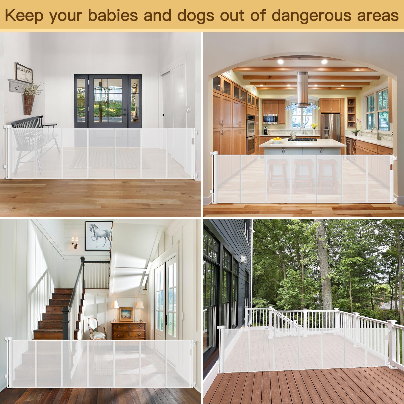 Reinforced 200 Inch Retractable Baby Gates Extra Wide Baby Gate for Large Openings, XL No Sag and Wrinkle Mesh Pet Gates for Wid