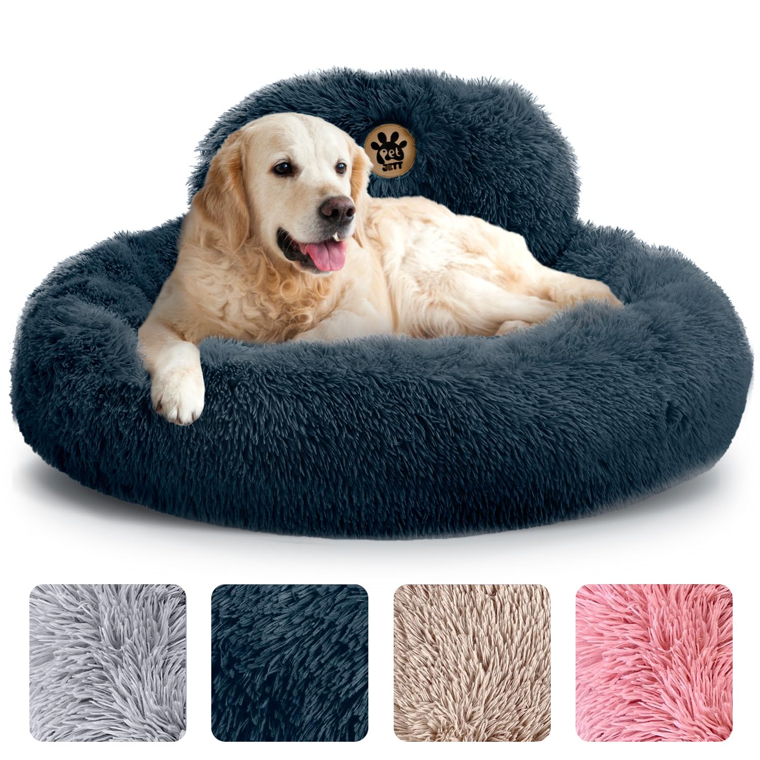PetJett Calming Dog Beds Large Sized Dog - 36 Round Bed, Anti-Slip & Washable Super Soft Donut Bed, Fluffy Faux Fur Anti-Anxie
