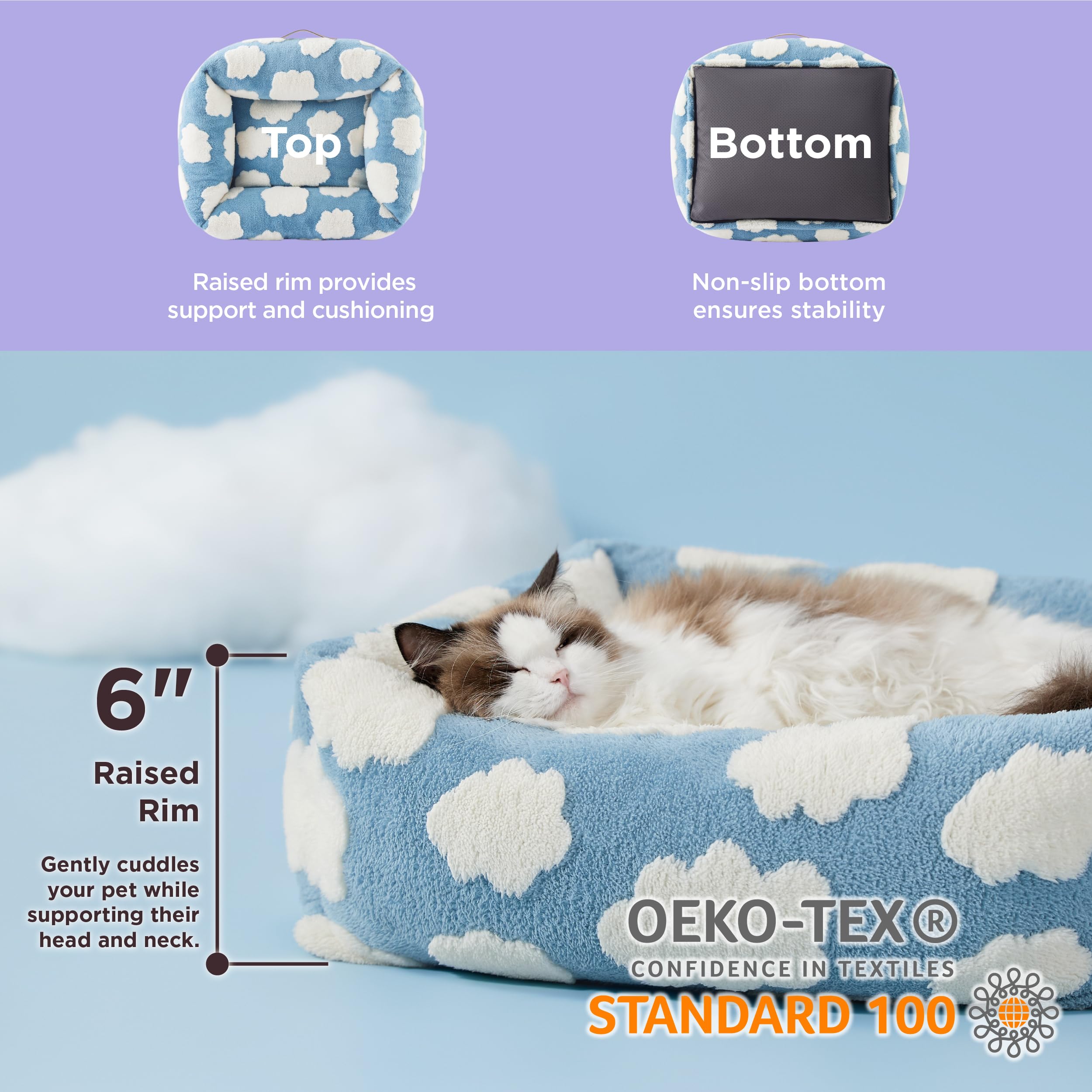 Lesure Cute Cat Beds For Indoor Cats - Washable Kitten Puppy Beds,Cozy Rectangle Orthopedic Pet Sofa With Jacquard Shaggy Plush