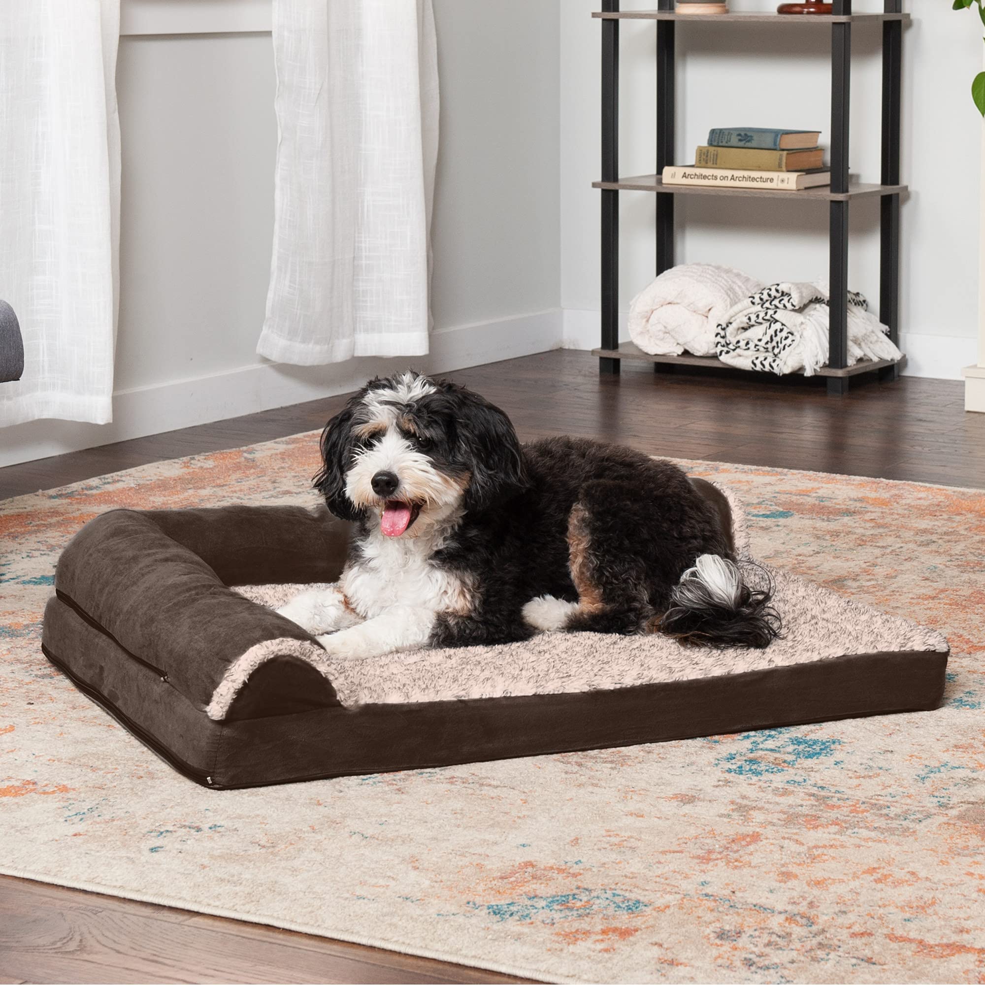 Furhaven Orthopedic Dog Bed For Large/Medium Dogs W/ Removable Bolsters & Washable Cover, For Dogs Up To 55 Lbs - Two-Tone Plush