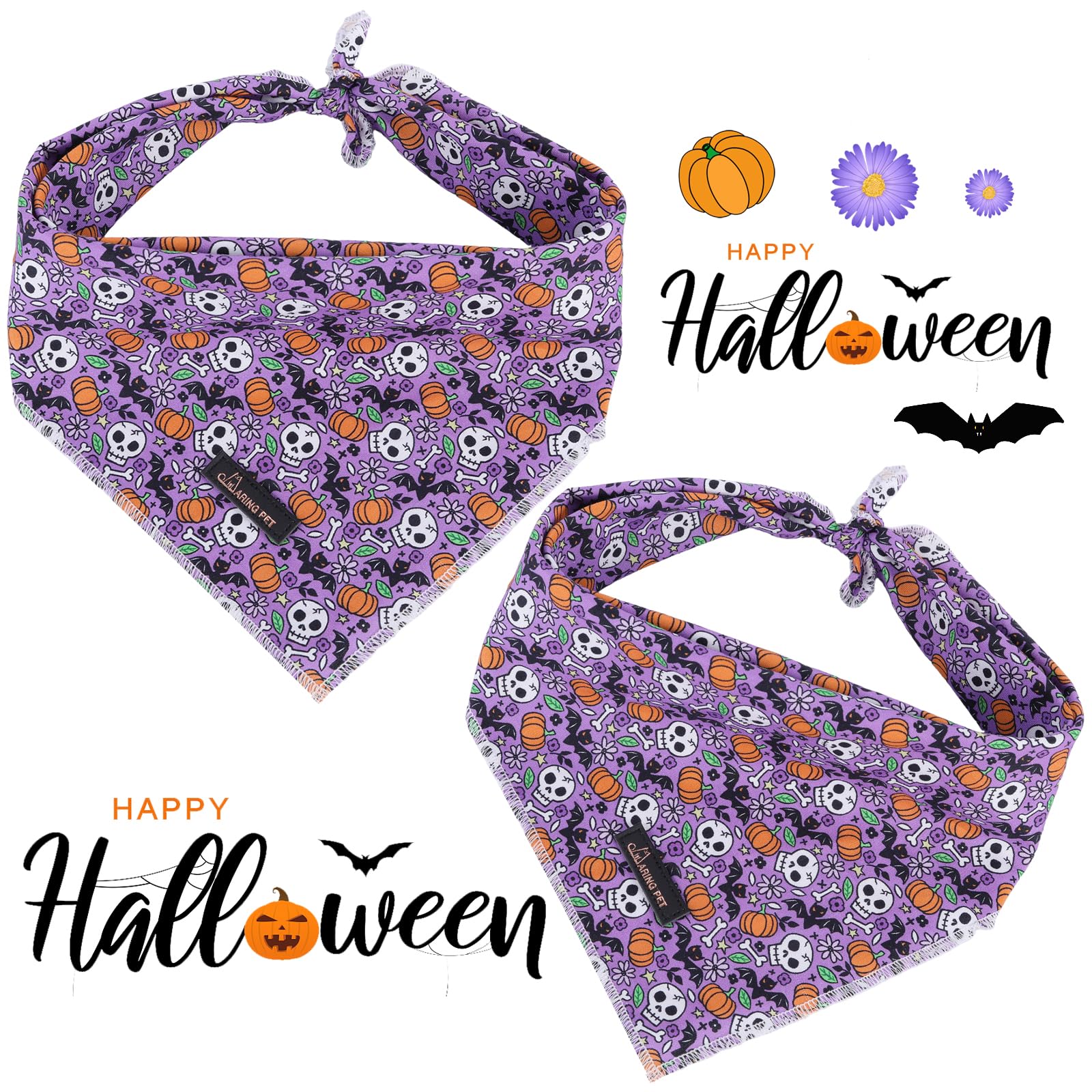 Aring Pet Halloween Dog Bandana Cotton Pumpkin Dog Bandanas, Comfortable Purple Skull Bats Dog Triangle Bibs Scarf For Small To Large Dogs And Cats