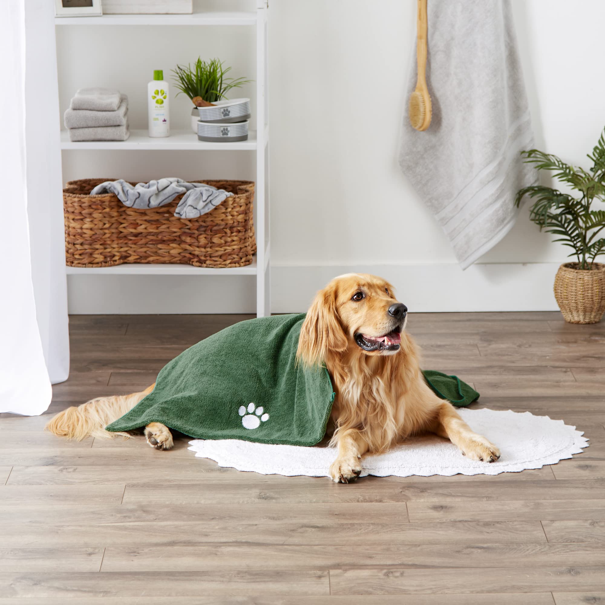 Bone Dry Pet Grooming Towel Collection Absorbent Microfiber X-Large, 41x23.5, Embroidered Hunter Green