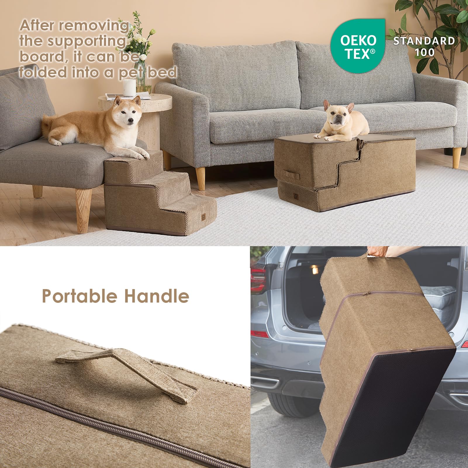 Eheyciga Dog Stairs For High Bed 22.5”H, 5-Step Dog Steps For Bed, Pet Steps For Small Dogs And Cats, Non-Slip Balanced Dog Indoor Ramp, Camel