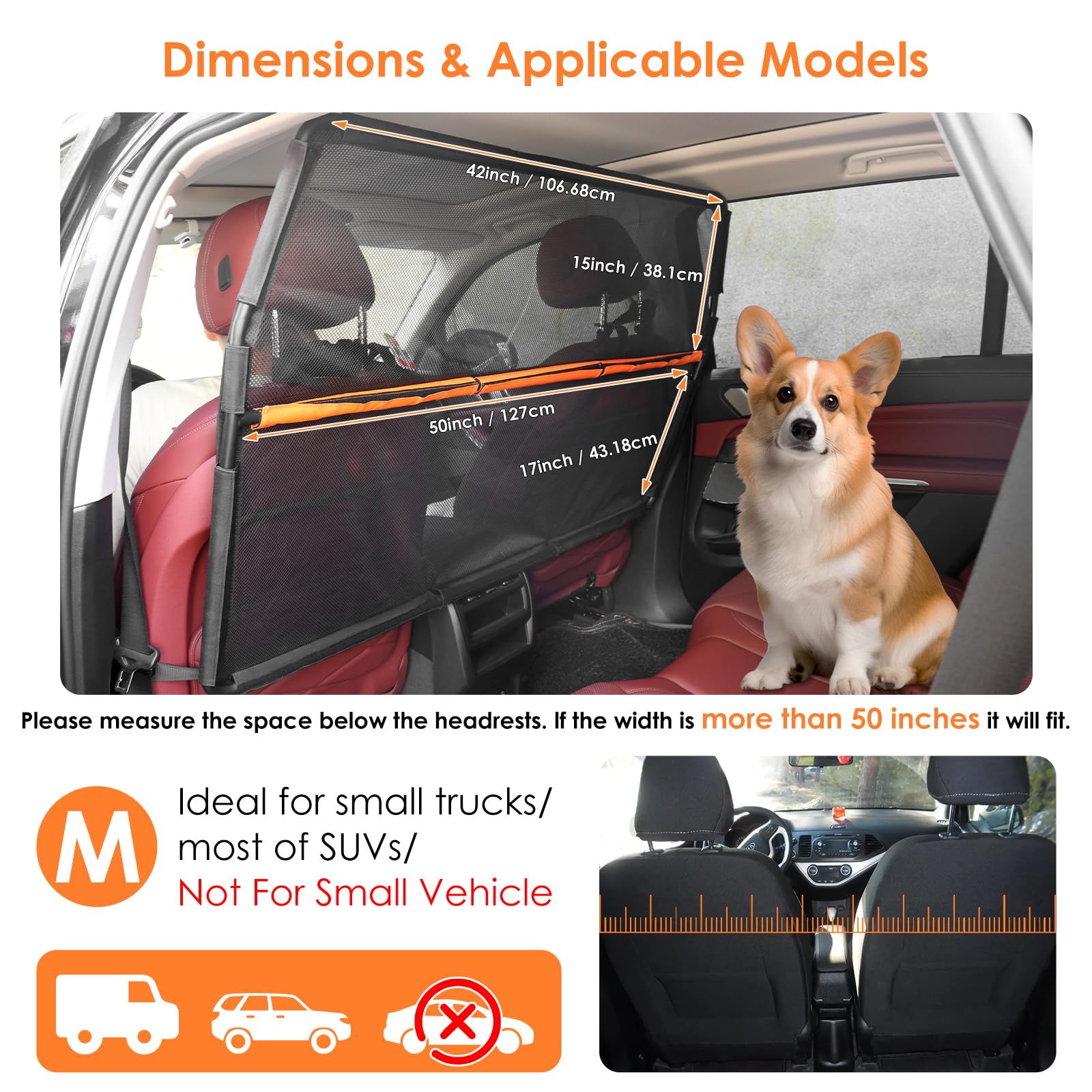 Zmgdrm Dog Car Barrier, 50'' Wide For Dog Barrier, Car Divider Backseat For Cargo Area, Back Seat Trunk Barrier With Net Mesh Se