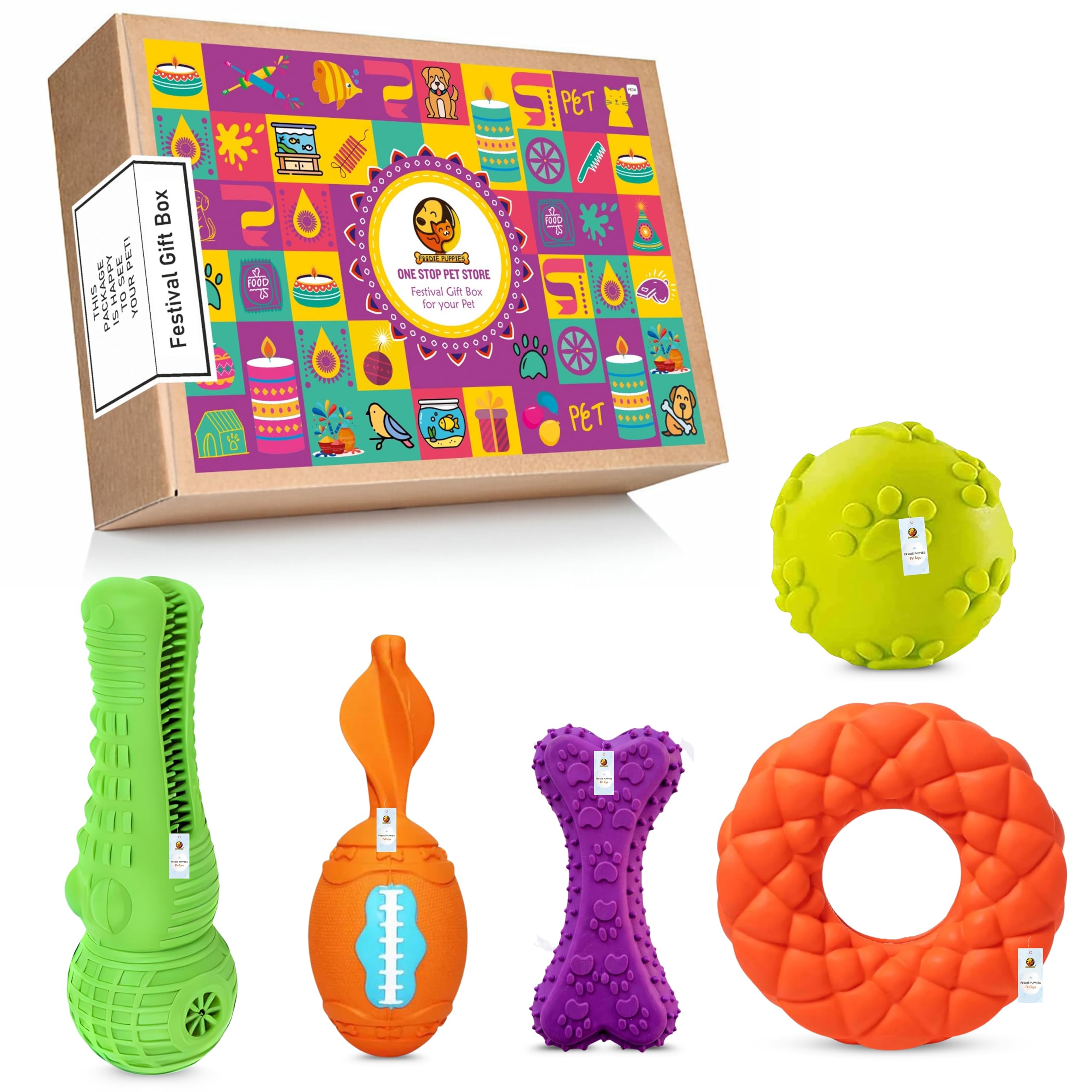 Foodie Puppies 5in1 Latex Dog Squeaky Chew Toy Combo Festival Gift Box  (Crocodile, Skittle, Prickle Bone, Donut & Claw Ball)