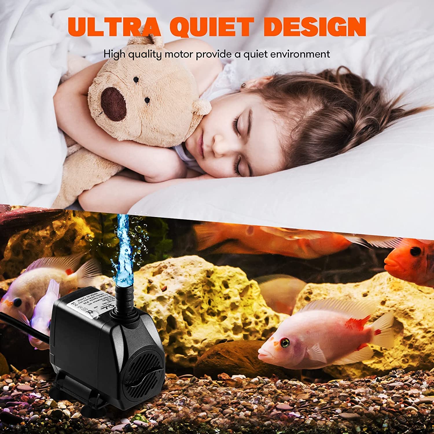 Simple Deluxe 550GPH Submersible Pump (2082L/H, 45W) with 9.2ft High Lift, Fountain Pump with 3 Nozzles for Fish Tank, Pond, Aqu