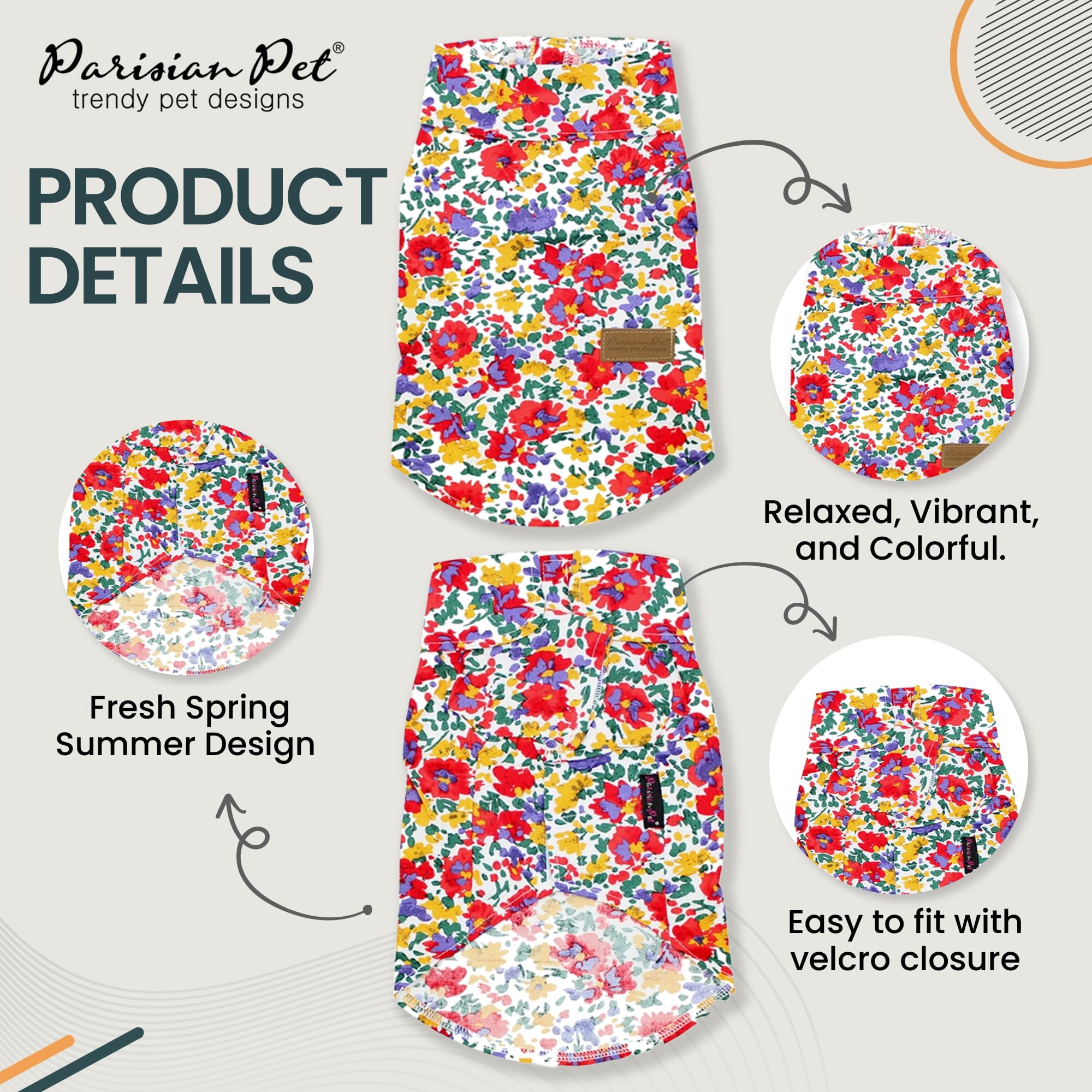 Parisian Pet Floral Dog Shirt - 100% Cotton Summer Clothes - Stylish Beach Outfit - Hook And Loop Closure - Machine Washable - 2