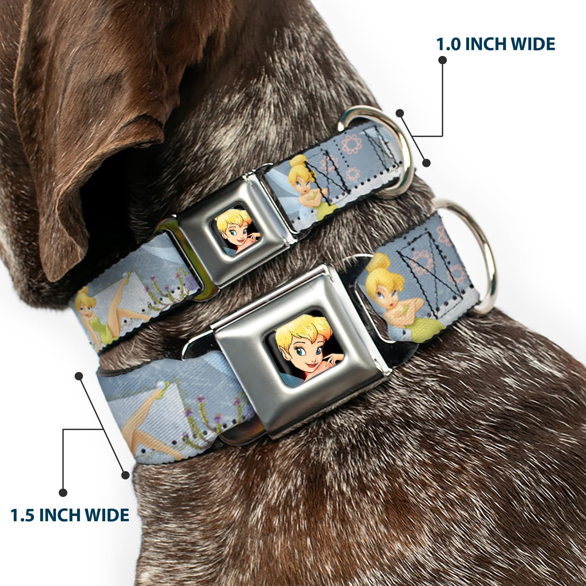 Buckle-Down Seatbelt Buckle Dog Collar - Tinker Bell Garden Poses - 1'' Wide - Fits 9-15'' Neck - Small