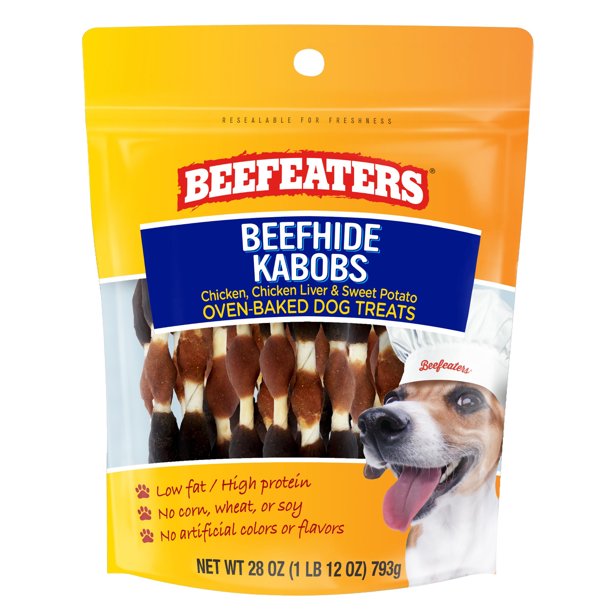 Beefeaters Beefhide Kabobs 28oz - Dog Treat. Triple Flavor with Real Chicken, Liver & Sweet Potato, Long-Lasting Chew, Supports 