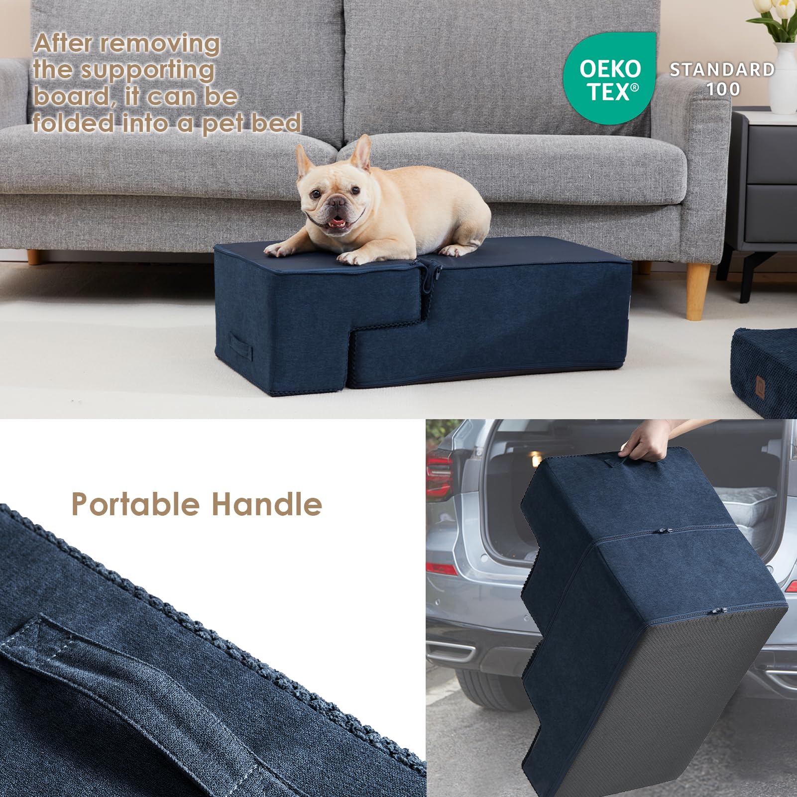 Eheyciga Dog Stairs For Bed 18”H, 4-Step Dog Steps For High Bed, Pet Steps For Small Dogs And Cats, Non-Slip Balanced Dog Indoor Ramp, Navy Blue