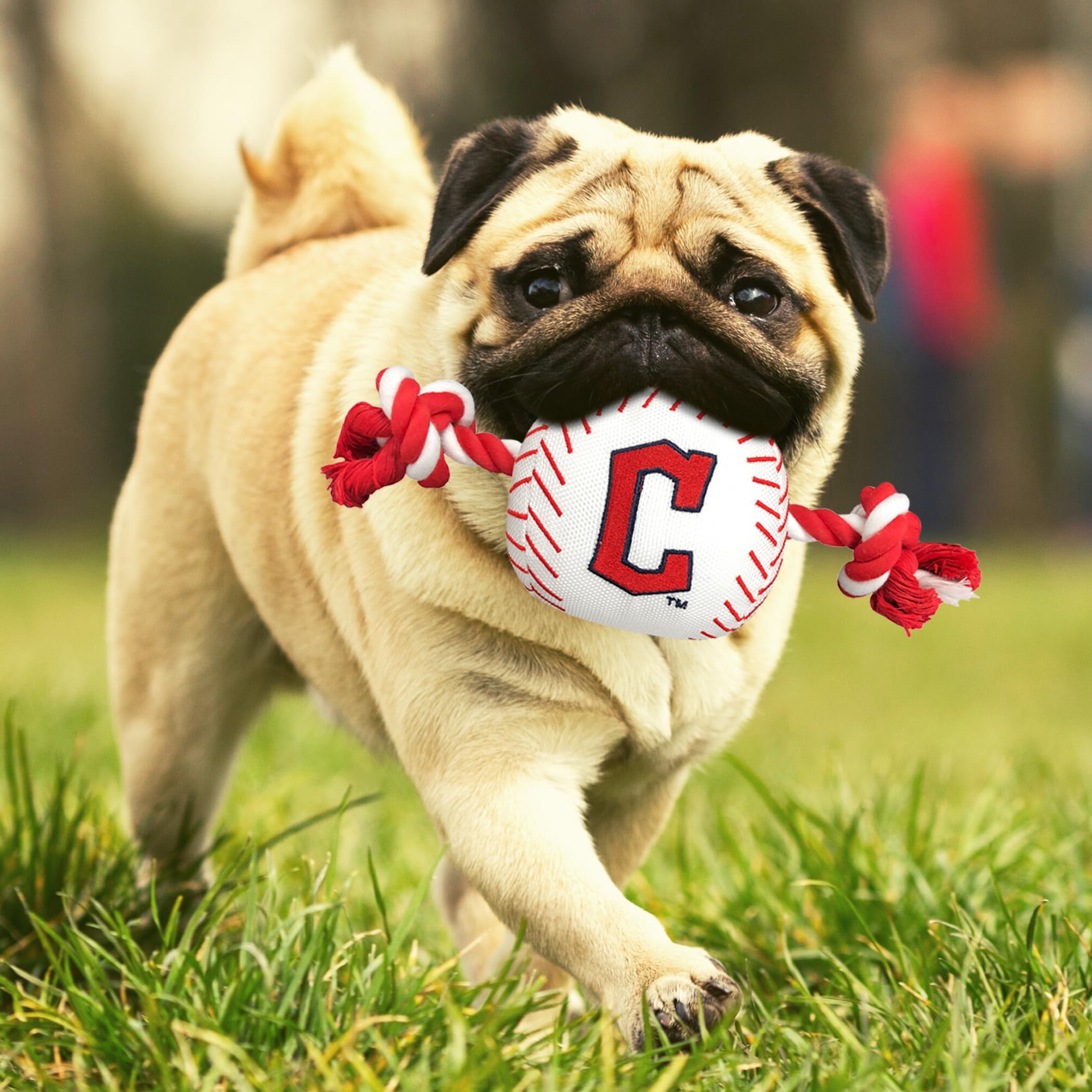 Pets First Mlb Cleveland Guardians Nylon Baseball Toy With Tug Ropes For Dogs & Cats. Tough Nylon, Sporty Baseball Design, Heavy