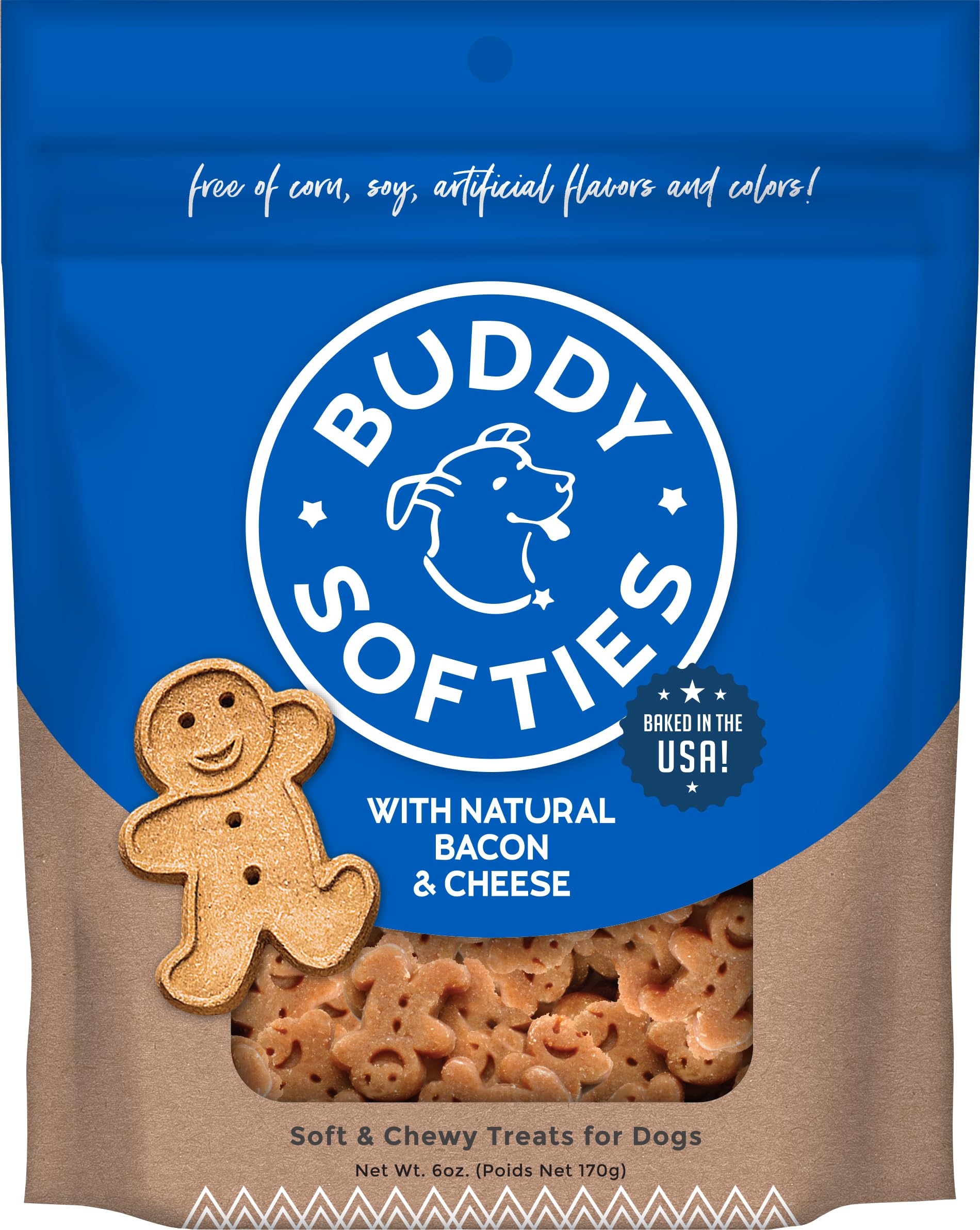 Buddy Biscuit Softies 6 oz Pouch, Soft & Chewy, Natural Bacon and Cheese Flavor Dog Treats, Oven Baked in the USA