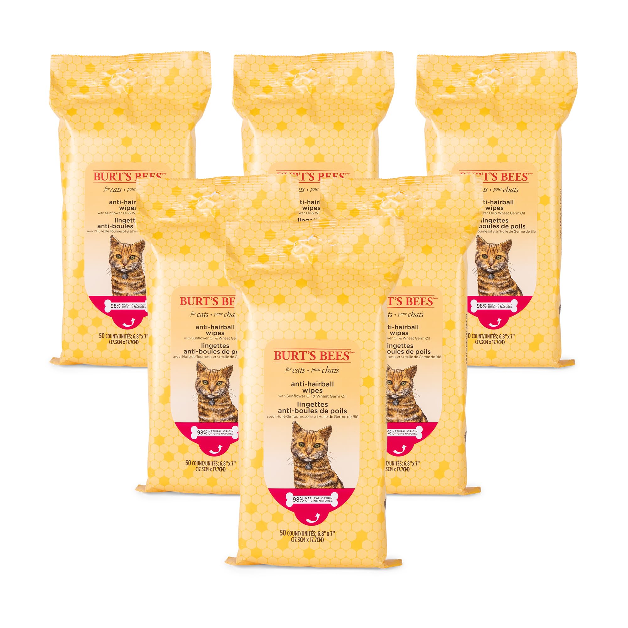Burts Bees for Pets Anti-Hairball Wipes for Cats with Sunflower Oil and Wheat Germ Oil, 98% Natural Origin Formulas, Cat Hairba