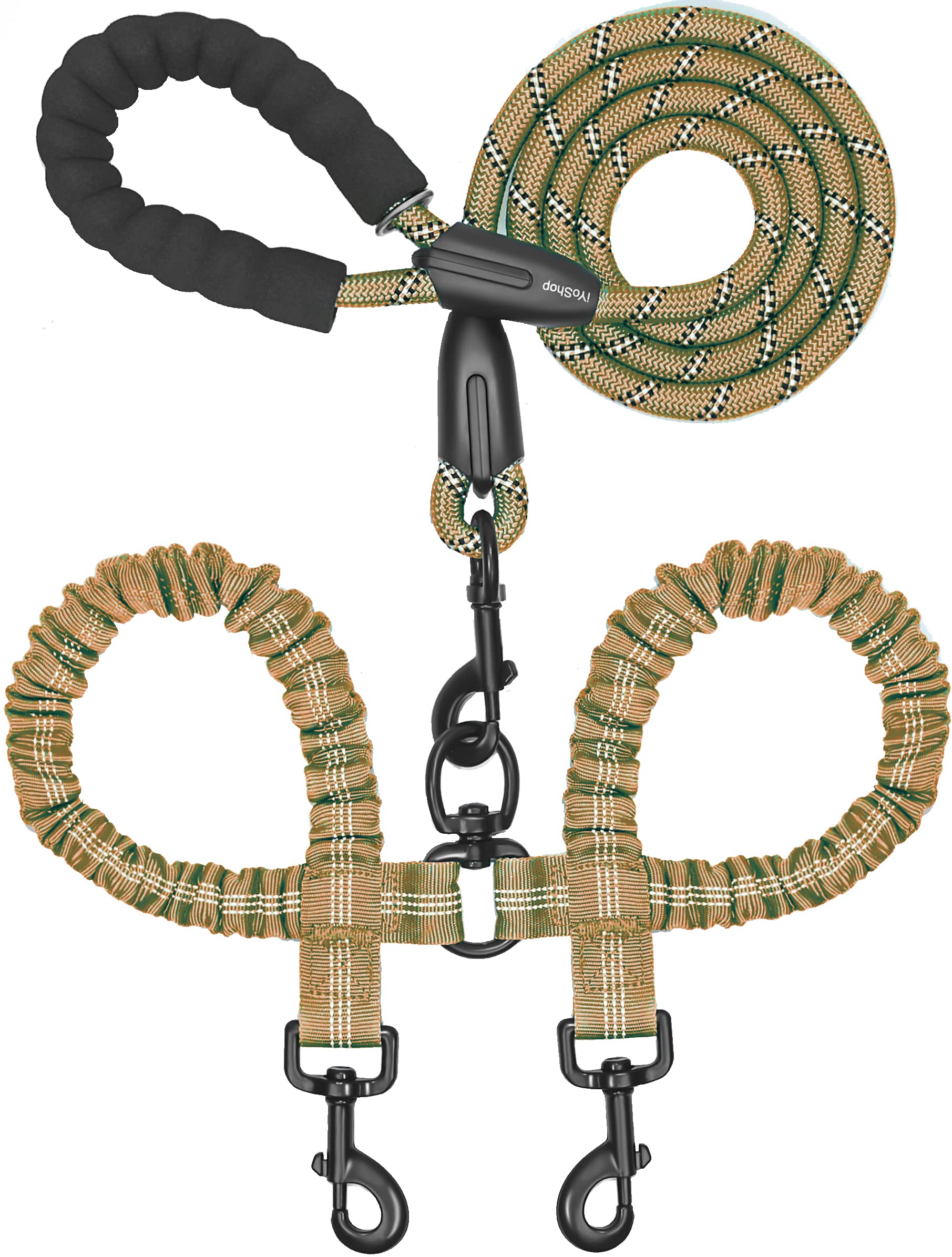 Iyoshop Dual Dog Leash, Double Dog Leash, 360 Swivel No Tangle Walking Leash, Shock Absorbing Bungee For Two Dogs, Khaki, Large (25-150 Lbs)