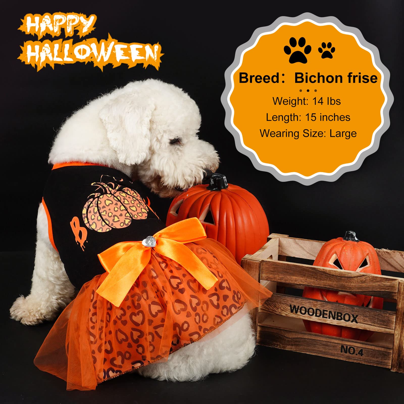 Cyeollo Dog Dresses For Small Dogs Halloween Outfits Boo Cute Leopard Print Pumpkin Tulle Holiday Theme Dog Clothes Girl