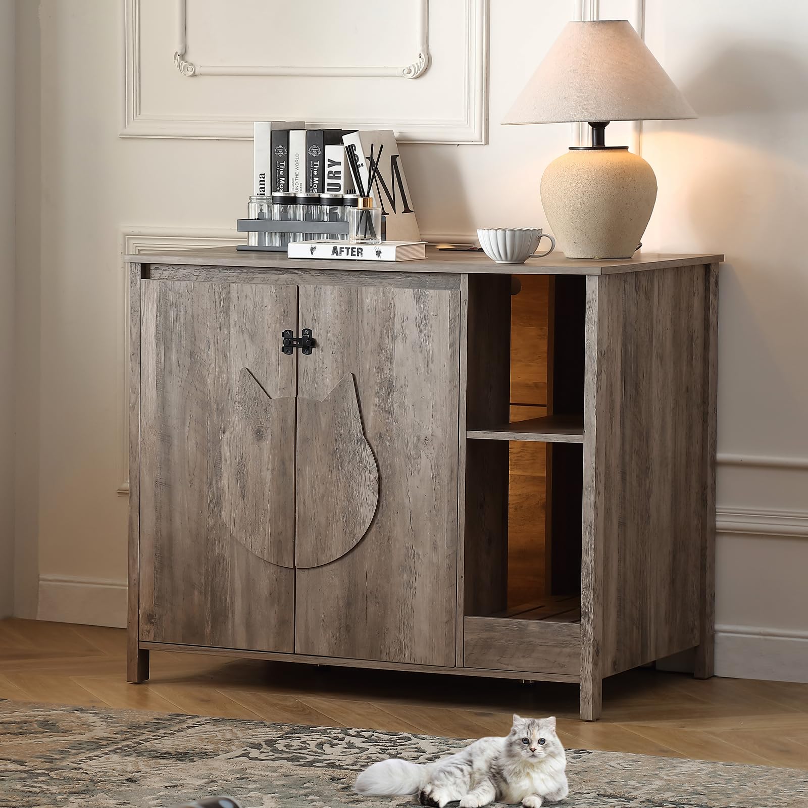 Forest Gravity Cat-Faced Doors Cat Litter Robot Enclosure,Automatic Litter Box Enclosure For Litter Robot 3/4,Power Outlet For L