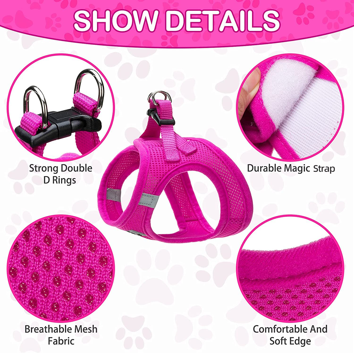 Pupteck Adjustable Dog Harness Collar And Leash Set Step In No Pull Pet Harness For Small Medium Dogs Puppy And Cats Outdoor Walking Running, Soft Mesh Padded Reflective Vest Harnesses, Solid Pink S