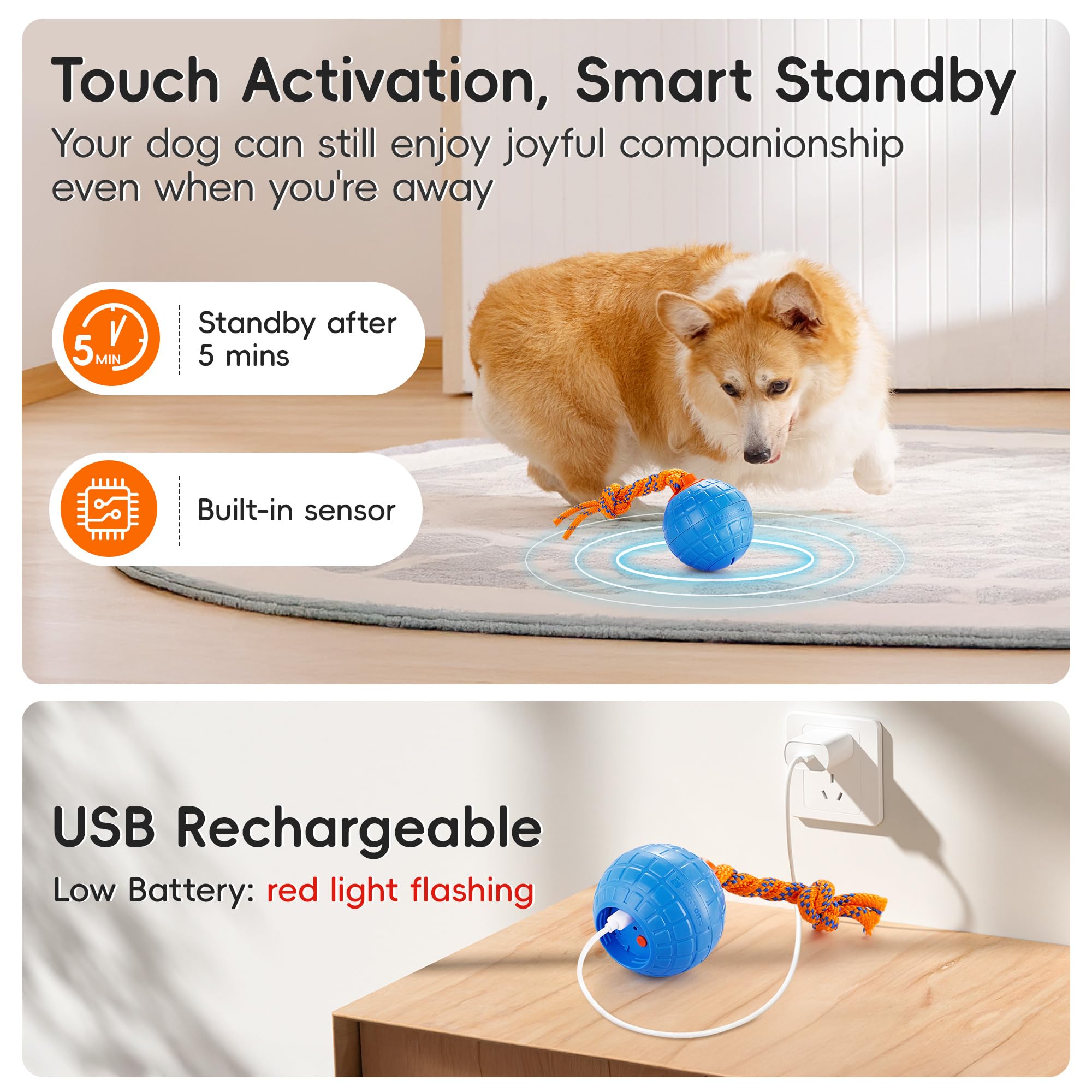 Potaroma Interactive Dog Ball Toys Touch Activated, Rechargeable Animal Sound Dog Toy, Durable Moving Ball For Pup With Chewing