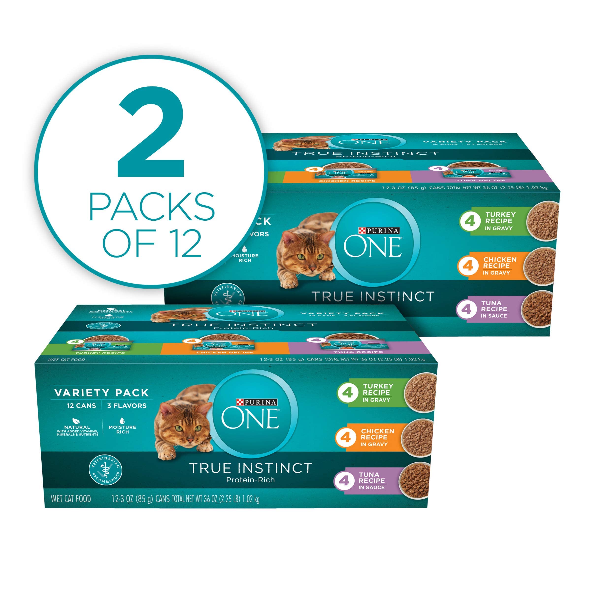 Purina ONE Natural, High Protein Cat Food Variety Pack, Turkey, Chicken and Tuna Recipes - (2 Packs of 12) 3 oz. Cans