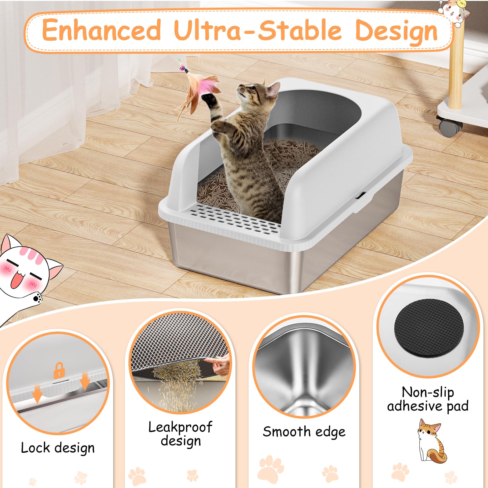 Refrze Stainless Steel Large Cat Litter Box with High Sides & Lid, Anti-Leakage, Non-Stick, Easy to Clean, Includes Litter Mat & Scoop