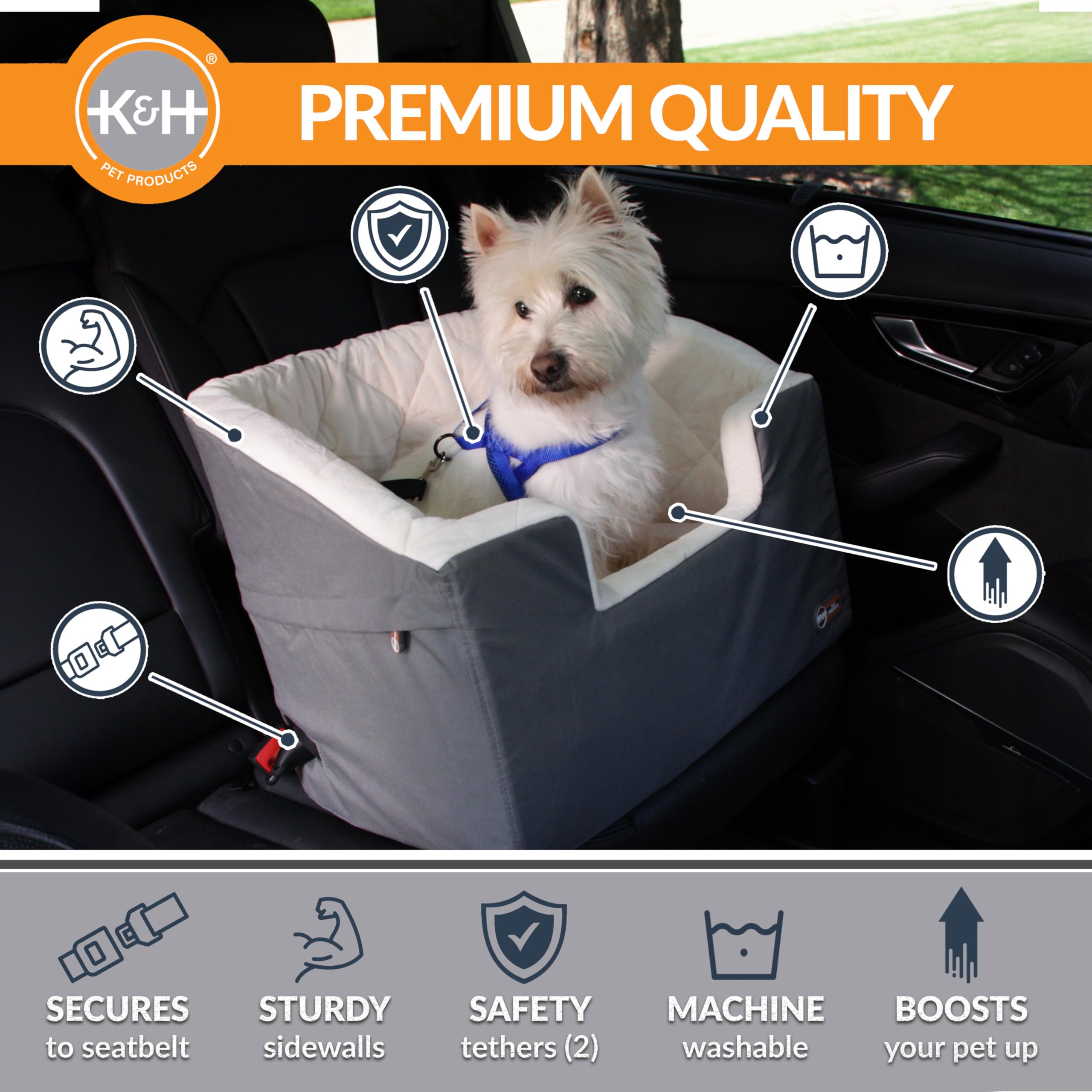 K&H Pet Products Bucket Booster Dog Car Seat, Seat Belt Secured, 2 Safety Leashes, Washable Covers, Sturdy Pet Booster Seats for