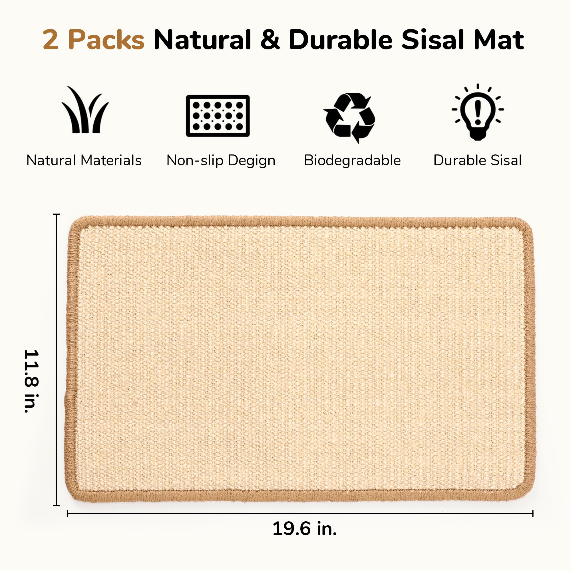 FUKUMARU Cat Scratching Mat - 2 Packs, 19.6"x11.8", Natural Sisal, Beige, Indoor Furniture Protector