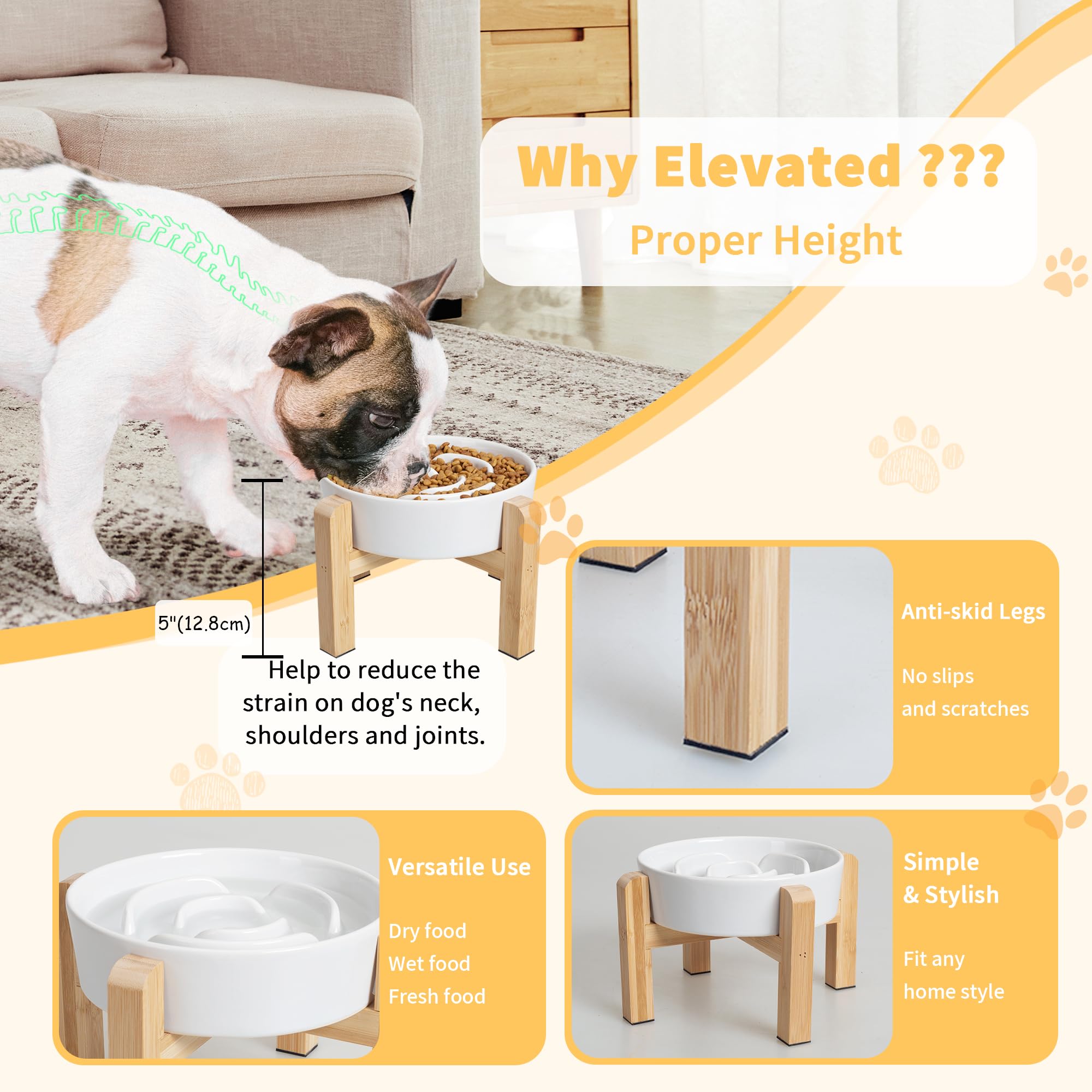 Elevated Slow Feeder Dog Bowl - Raised Ceramic Dog Bowl with Anti-Slip Stand - Fun Maze Dog Feeding Bowl for Fast Eater - Heavy