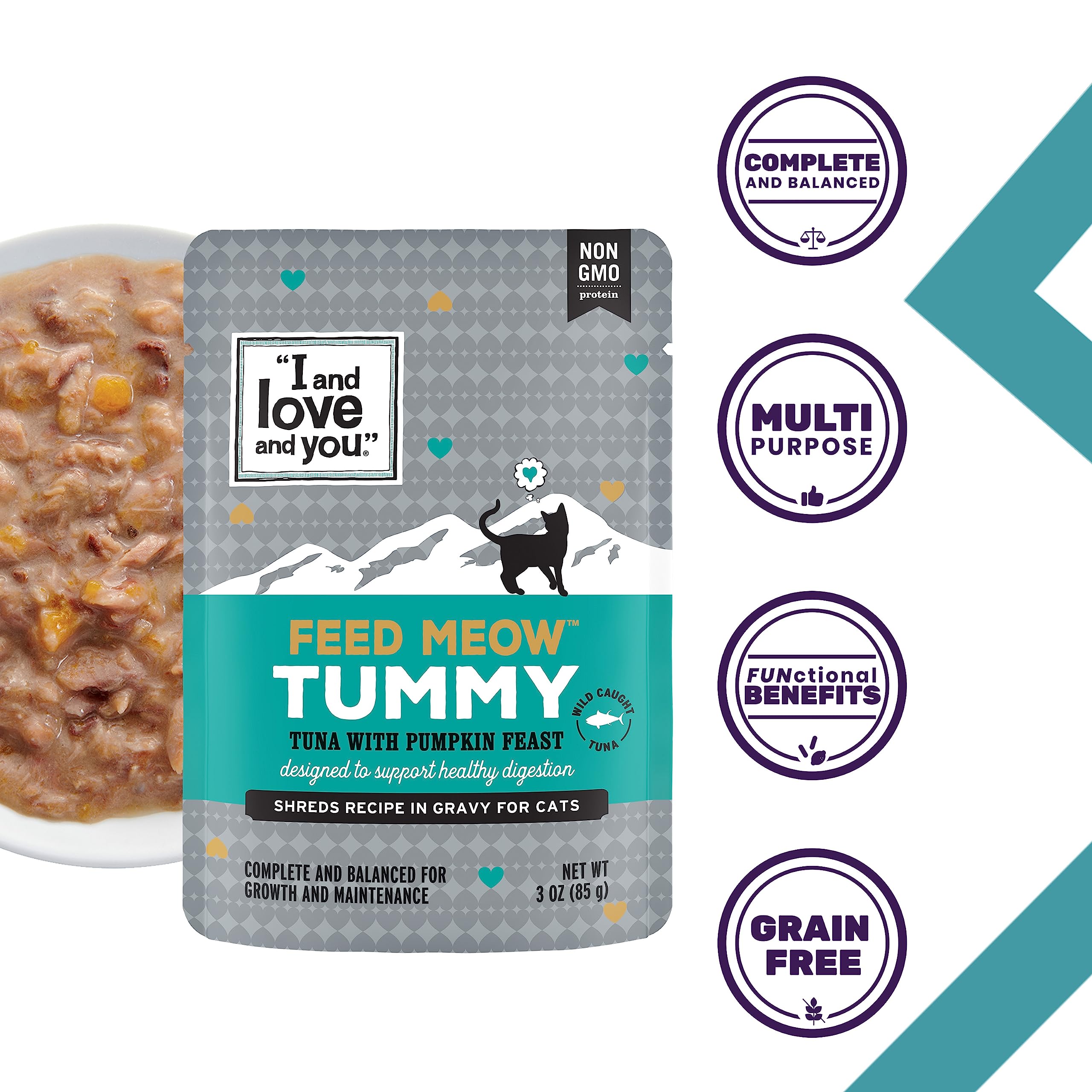 I and love and you Feed Meow Tummy Wet Cat Food - Tuna + Pumpkin - Digestion Support, Grain Free, Shredded, 3oz Pack of 12