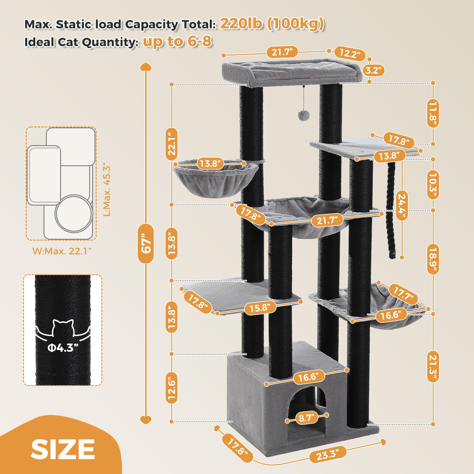 Uymi Xxl Cat Tree, 67 Heavy-Duty Cat Tower For Indoor Cats Large Adult With 13 Thick Scratching Posts (F4.3), Super Large Perc