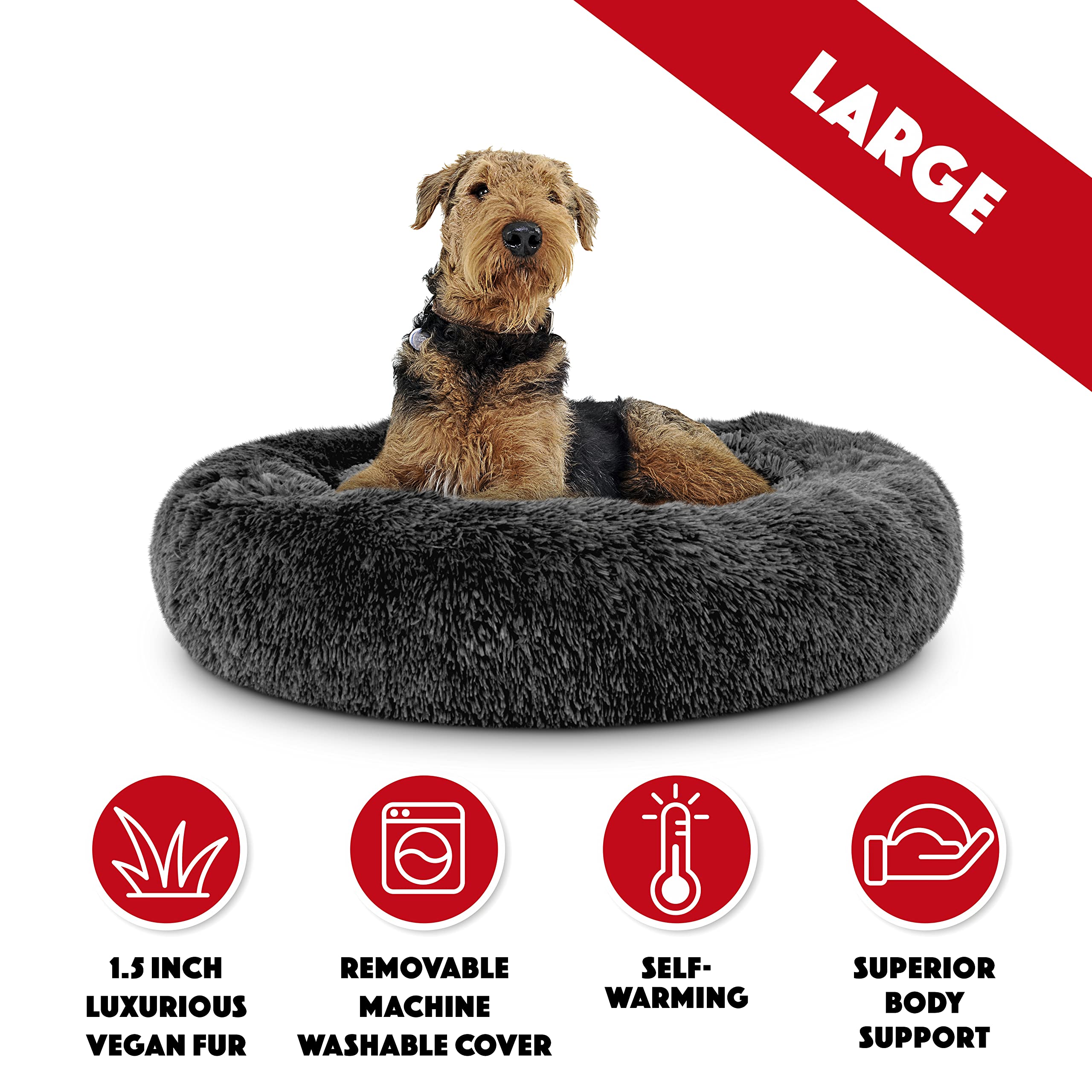 The Dogs Balls Sound Sleep Donut Dog Bed, Grey Plush Large Removable Cover Calming Nest Bed, Veterinary Approved