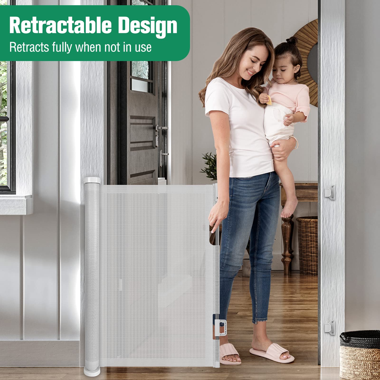 110 Inch Retractable Baby Gates For Large Openings Retractable Dog Gate Outdoor Retractable Gate Mesh Baby Gate Retractable Gates For Dogs Indoor Extra Long Baby Gate For Stairs, Doorways, Light Gray