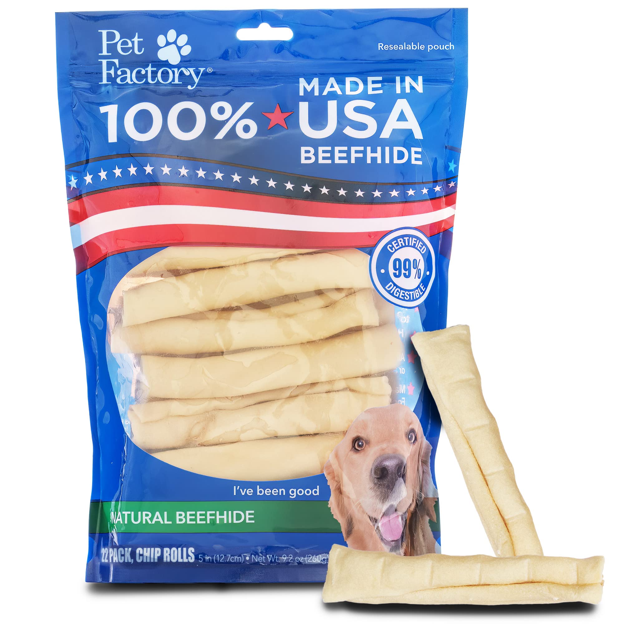 Pet Factory 100% Made in USA Beefhide 5 Chip Rolls Dog Chew Treats - Natural Flavor, 22 Count/1 Pack