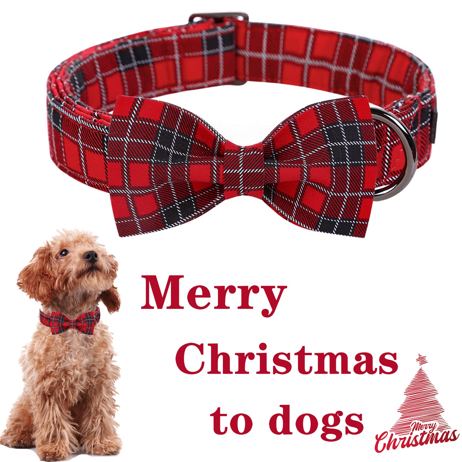 Unique Style Paws Christmas Dog Collar With Bow Tie Red Black Grid Cotton Collar Adjustable Puppy Plaid Collar For Small Medium