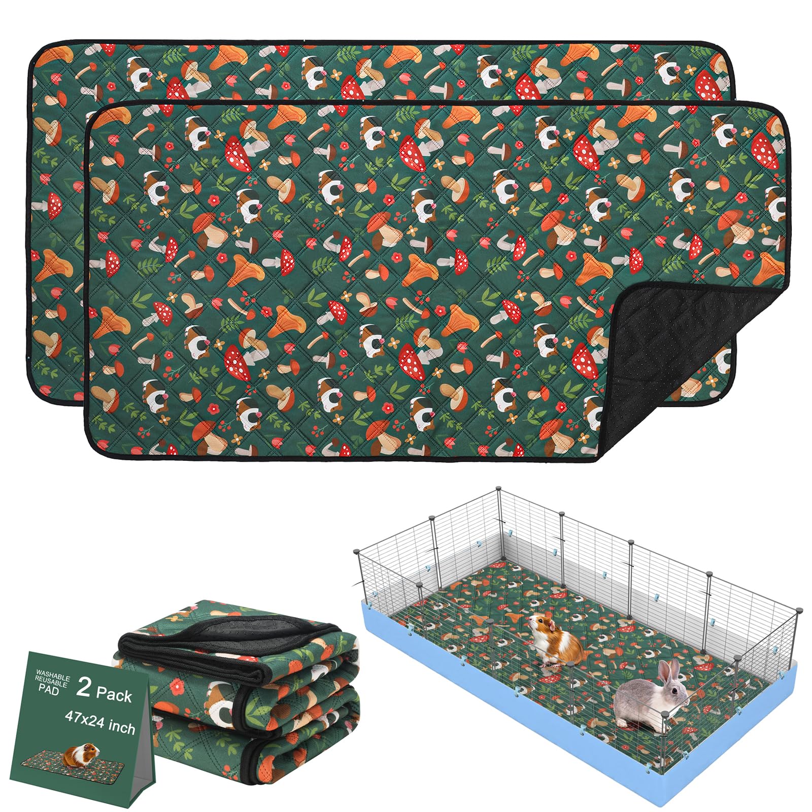 Mechpia 2 Pack Guinea Pig Cage Liners - Washable 47''X24'' Bedding Pee Pad, Super Absorbent, Waterproof & Anti-Slip Reusable Mat