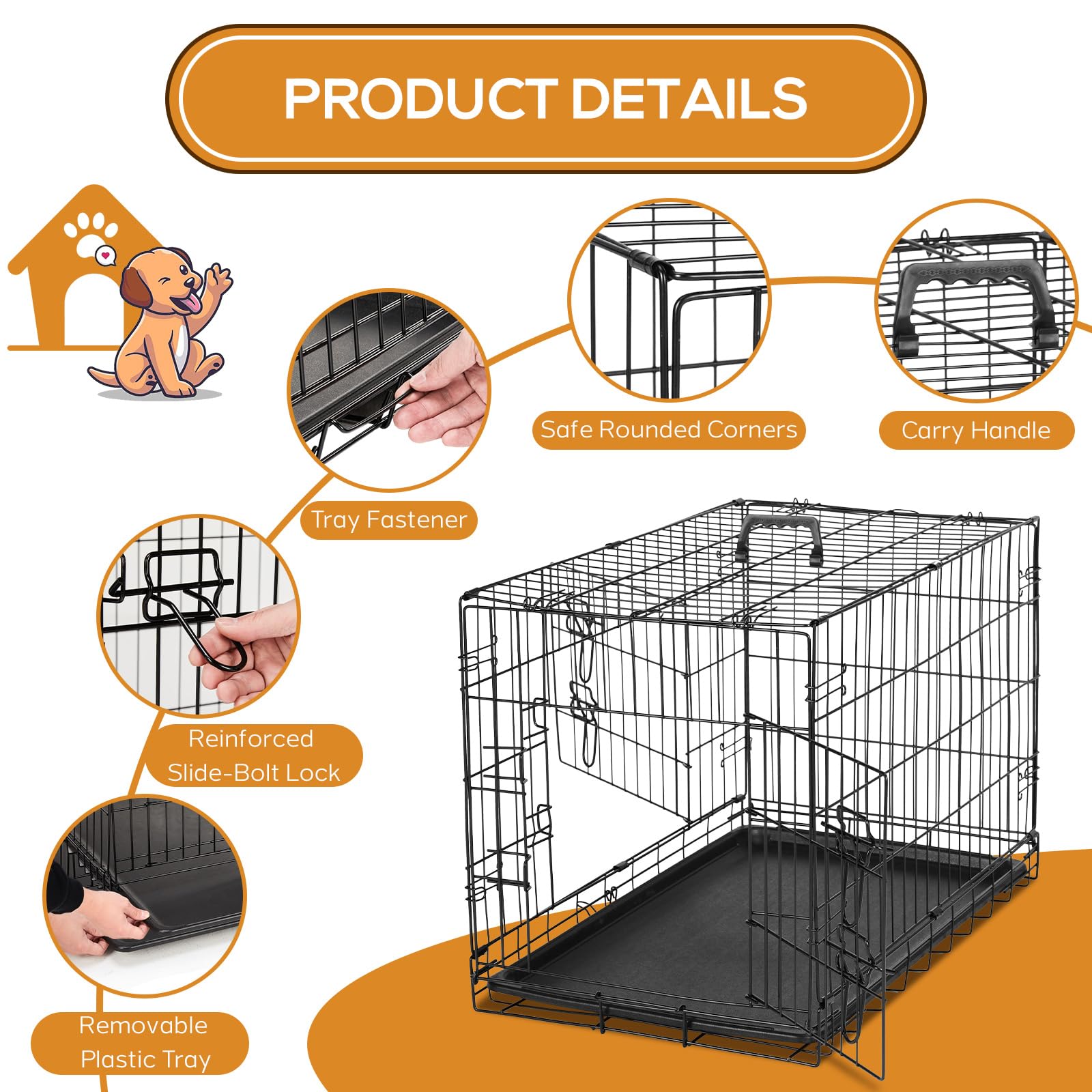 Dog Crate, 36 Inch Medium Wire Kennel With Divider Panel, Metal Cages With Double Door, Leak-Proof Pan Tray, Folding Portable Fo