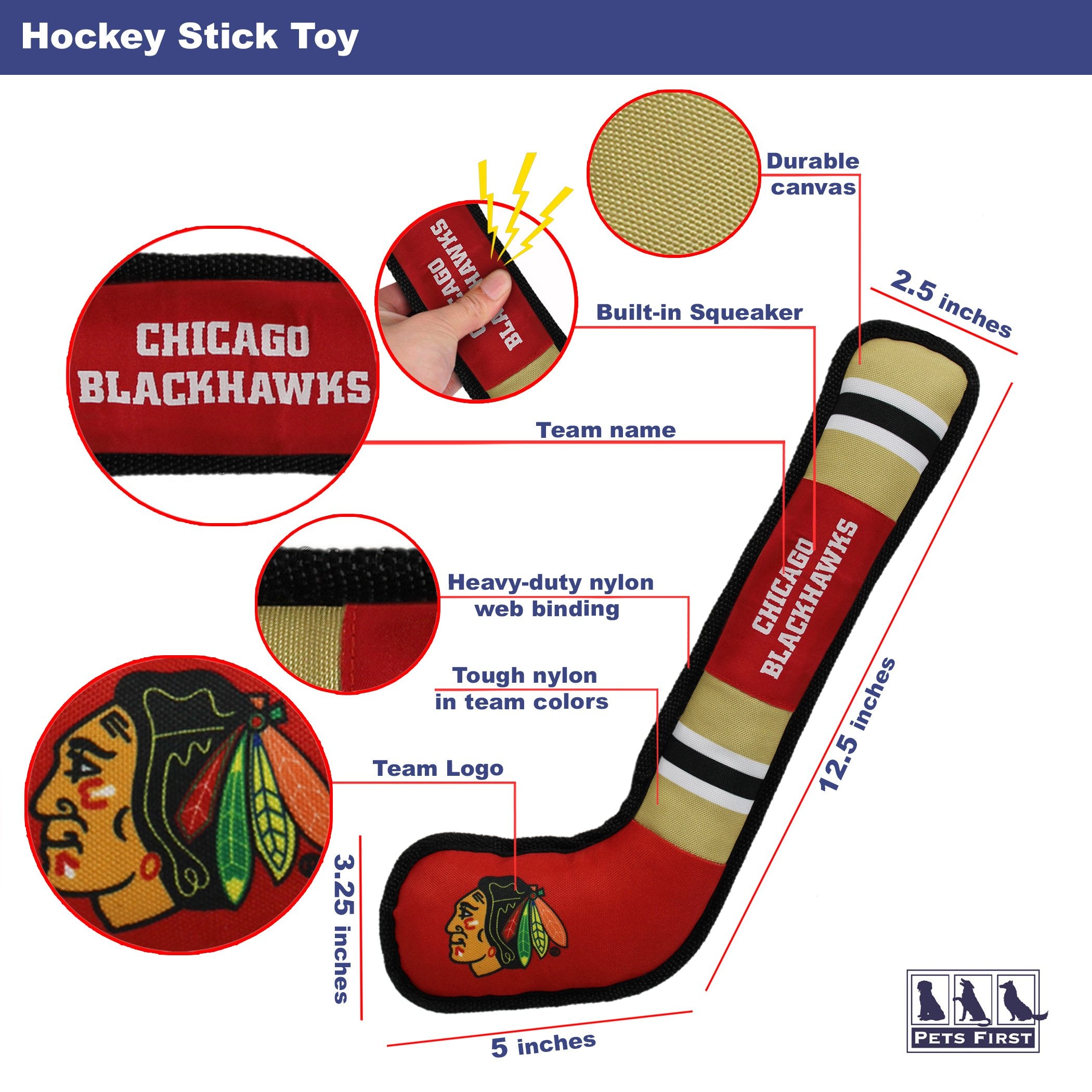 Pets First Dog Toy Tough Nylon With Inner Squeaker Licensed By Nhl Chicago Blackhawks Hockey Stick Toy For Dogs & Cats. Play Hoc