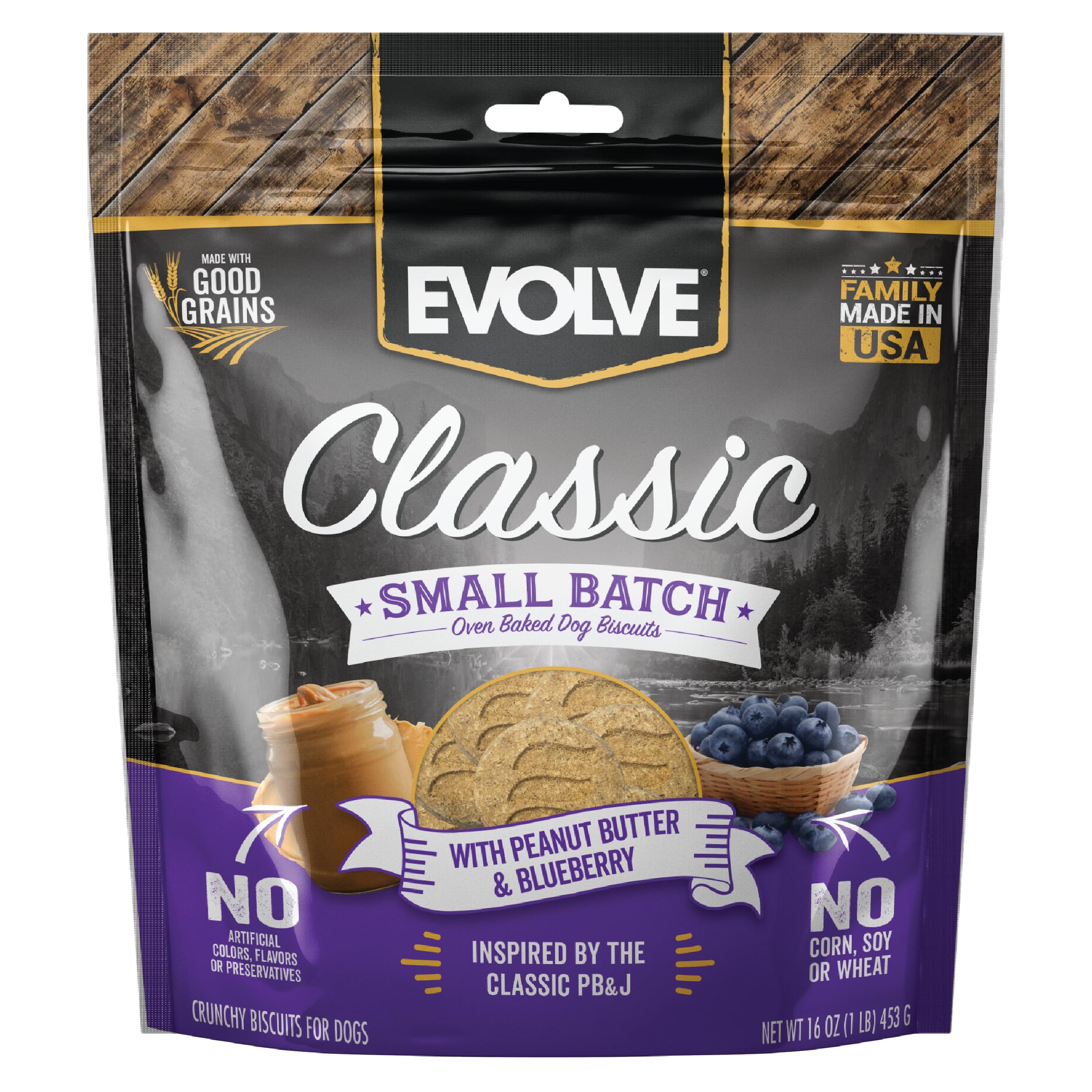 Evolve Classic Small Batch Oven Baked with Peanut Butter and Blueberry Biscuits Dog Treats, 16oz