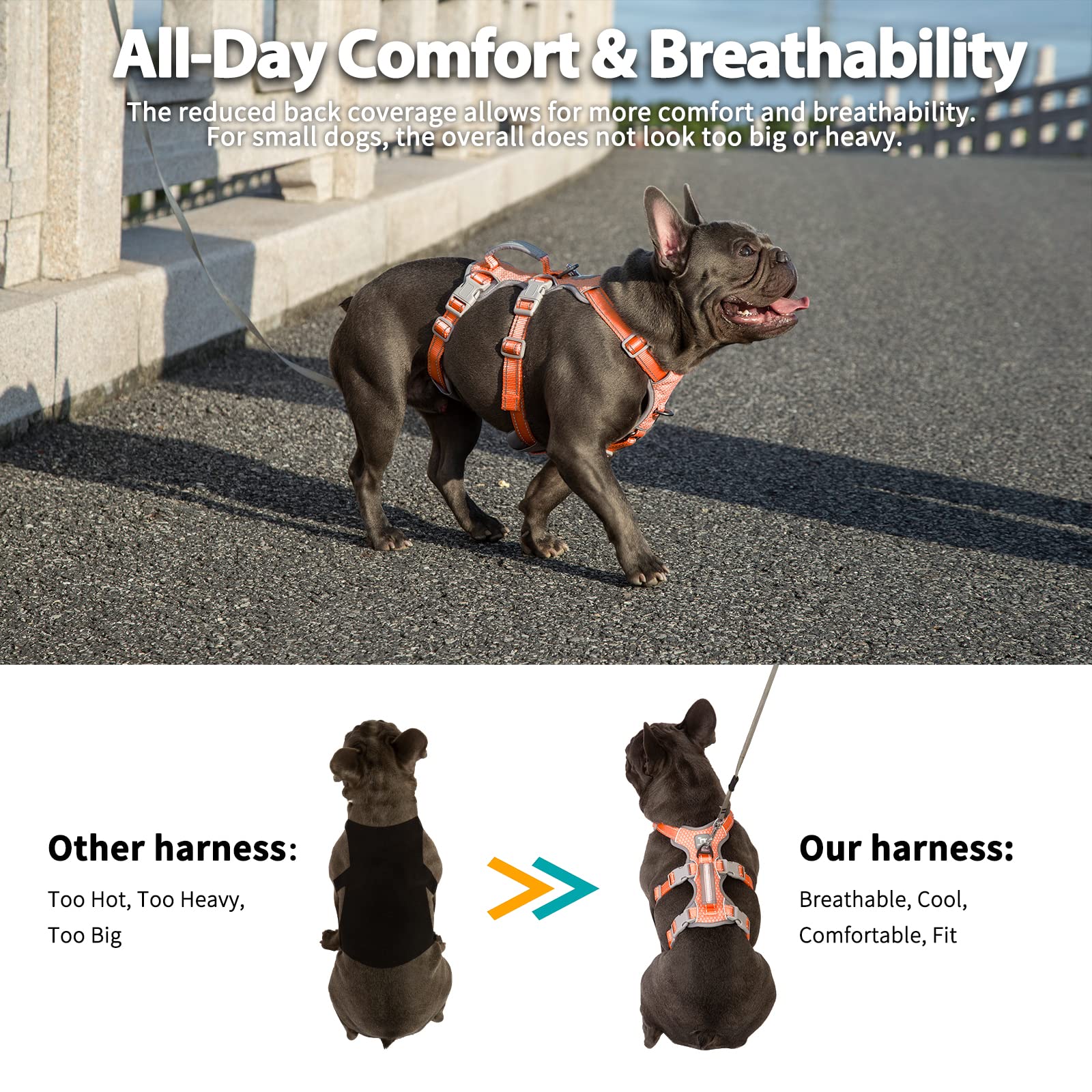 Huntboo Escape Proof Dog Harness, Escape Artist Harness, Fully Reflective Harness With Padded Handle, Breathable, Durable, Adjustable Vest For Small Dogs Walking, Training, And Running Gear (Orange,S)