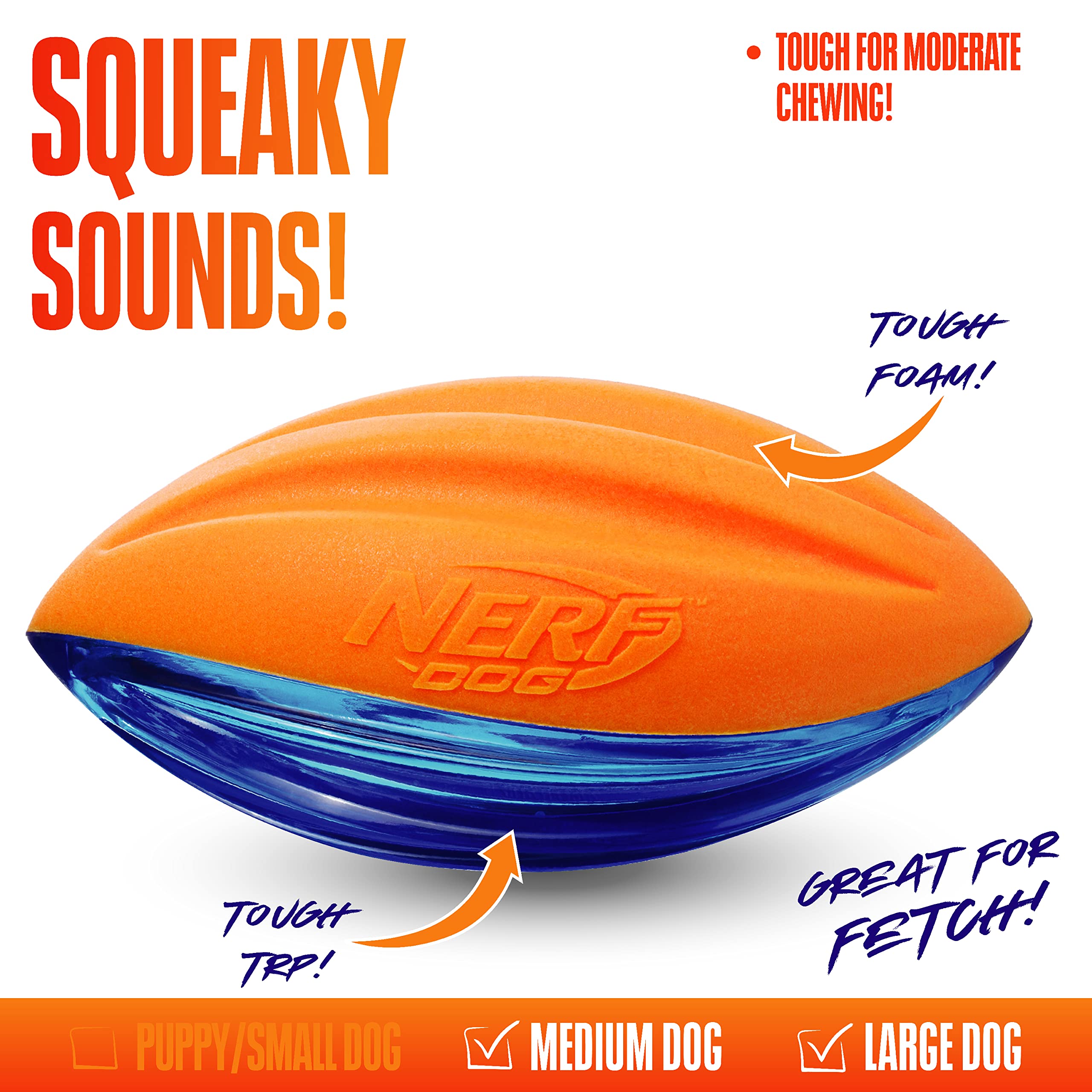 Nerf Dog Rubber Football Dog Toy With Interactive Squeaker, Lightweight, Durable And Water Resistant, 6 Inches, For Medium/Large Breeds, Single Unit, Blue And Orange