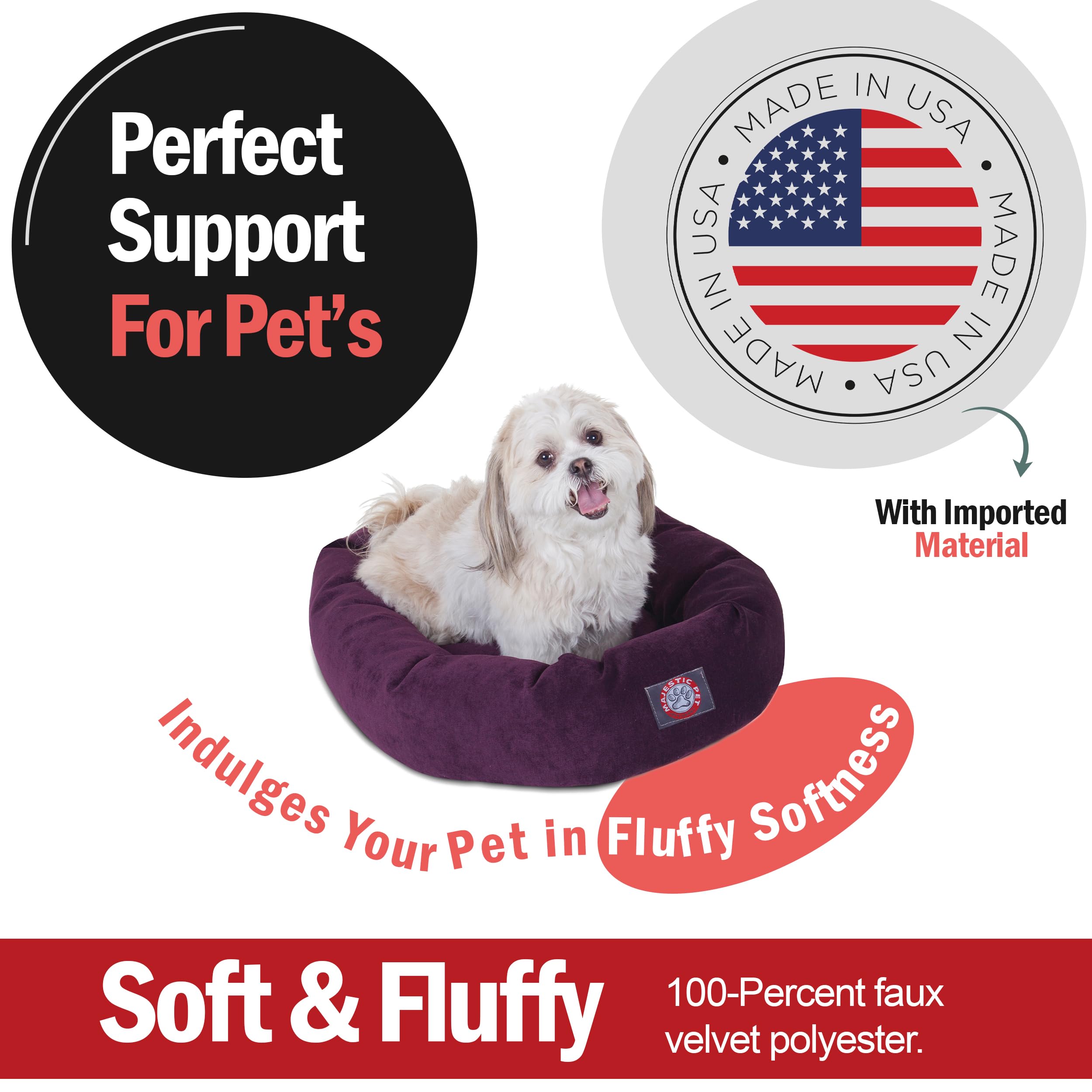 Majestic Pet 24 Inch Micro Velvet Calming Dog Bed Washable – Cozy Soft Round Dog Bed With Spine For Head Support - Fluffy Donut Dog Bed 24X19X7 (Inch) – Round Pet Bed Small – Aubergine