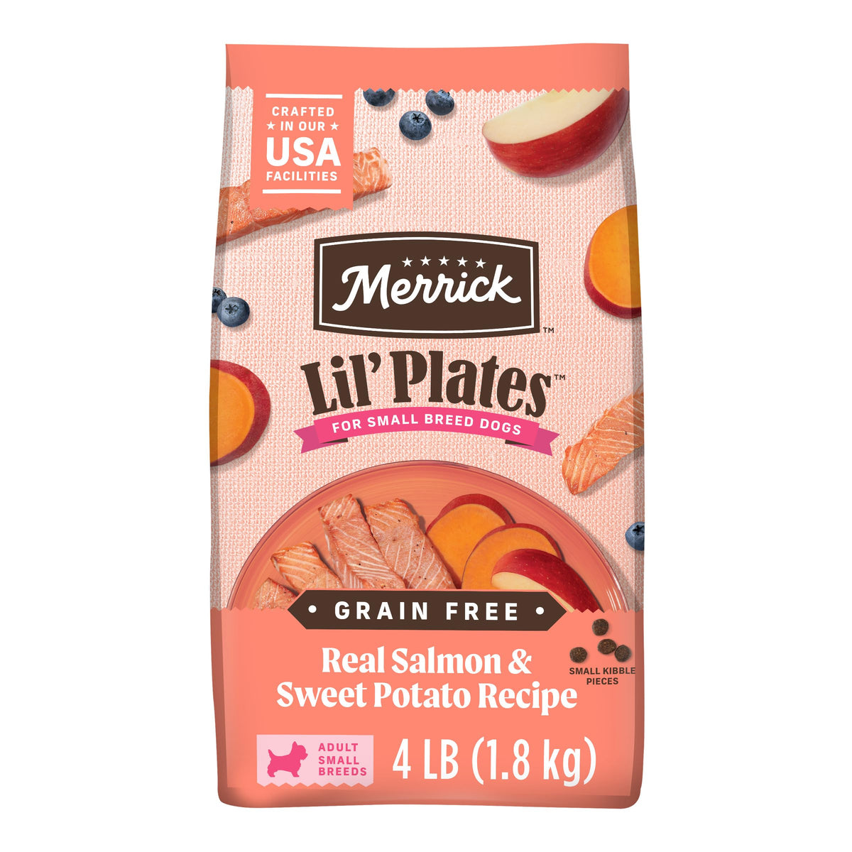 Merrick Lil Plates Premium Grain Free Dry Dog Food For Small Dogs, Real Salmon And Sweet Potato Kibble - 4.0 Lb. Bag