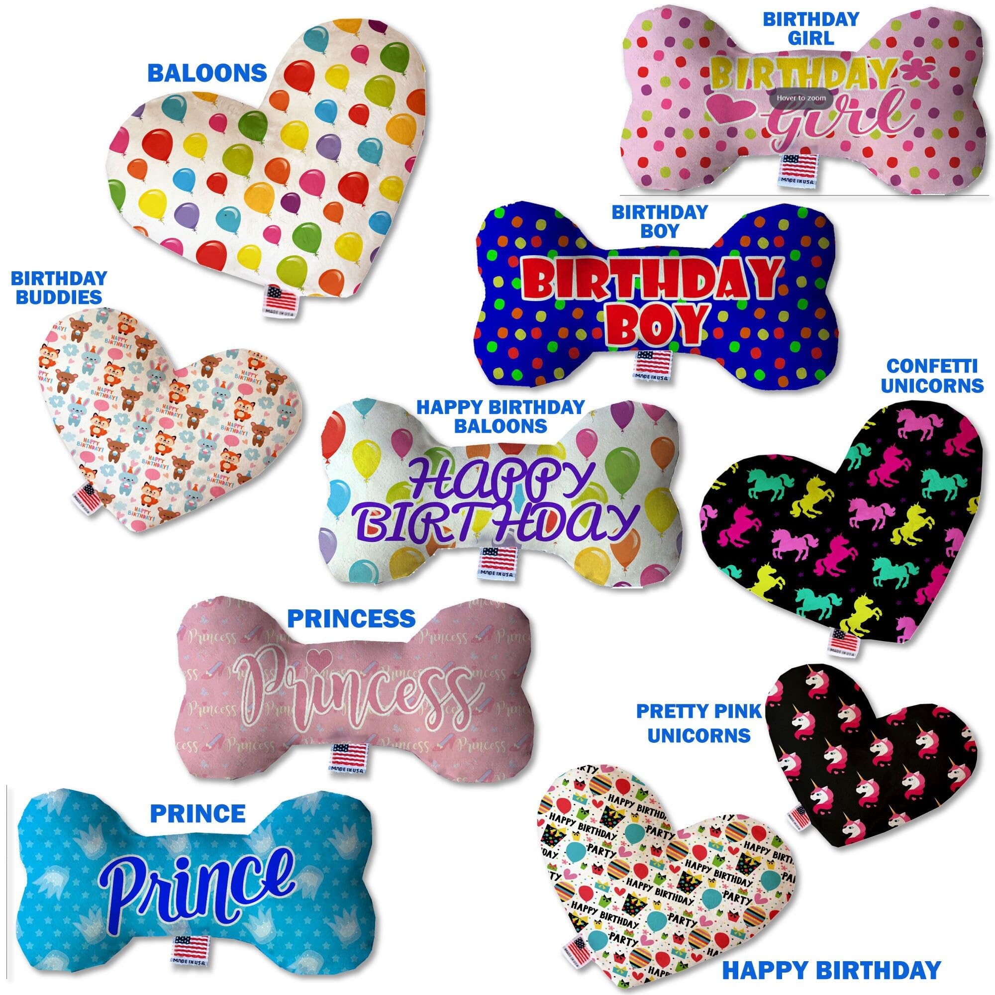 Pet, Dog Plush Heart or Bone Toy, &quot;Birthday Group&quot; (Available in different sizes, and 10 different pattern options!) Confetti Unicorns 8&quot; Plush Heart