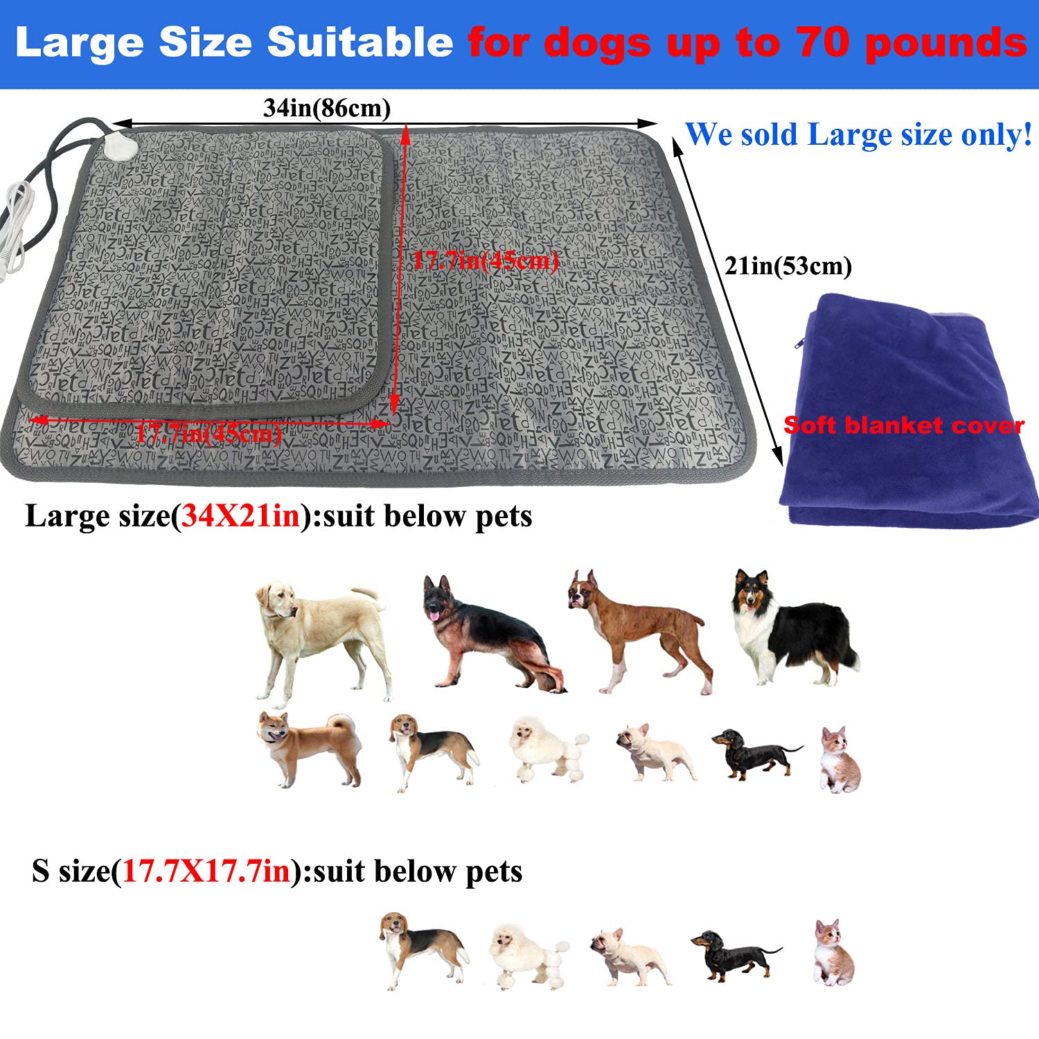 Pet Heating Pad For Large Dog Cat Heated Bed Dog Heating Pad 34 '' X 21 '' With Soft Washable Cover Electric Heating Pad Keep Pe