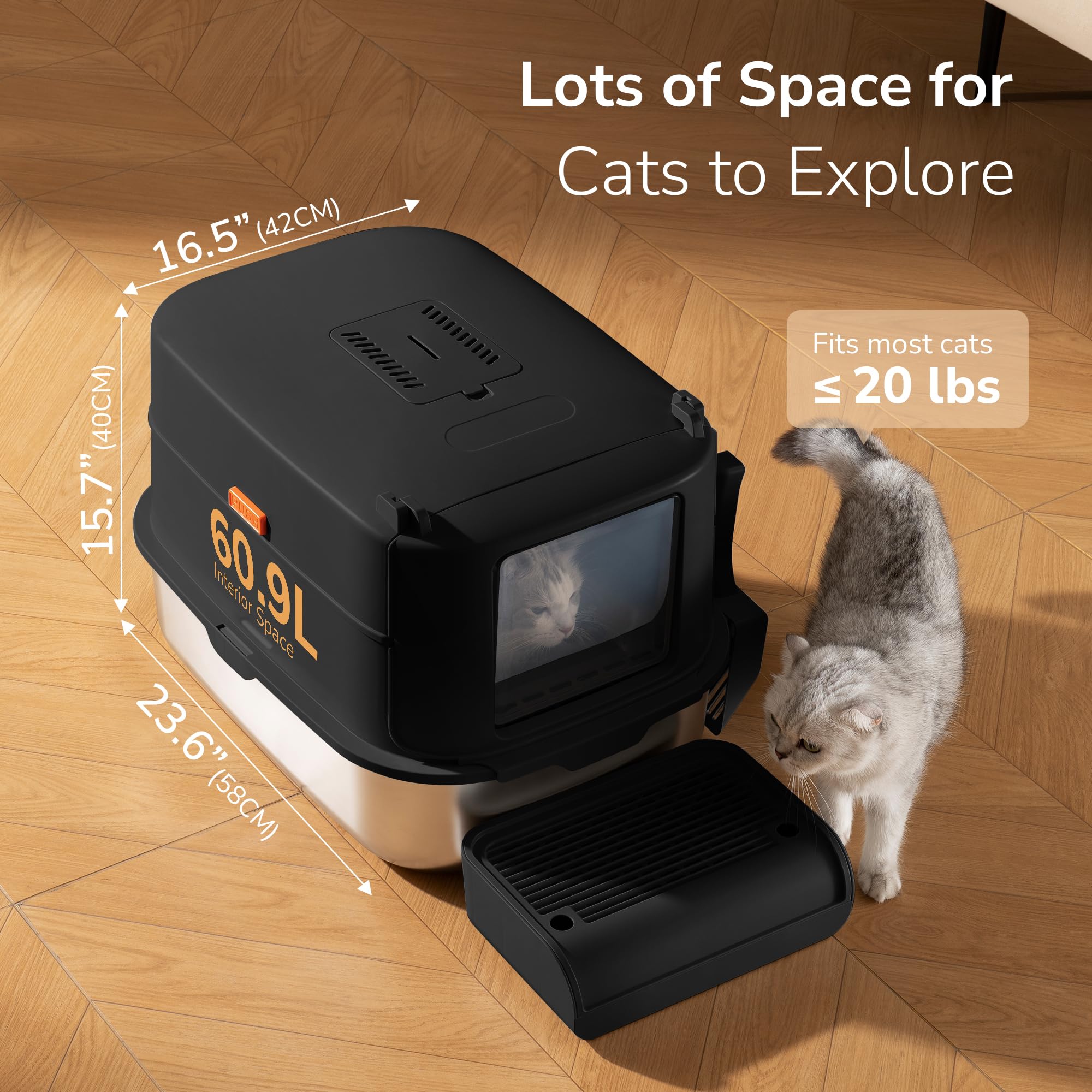 Aupures Xl Stainless Steel Cat Litter Box Enclosed Metal Litter Box With High Sides, Removable Covered Lid & Door Flap - Durable