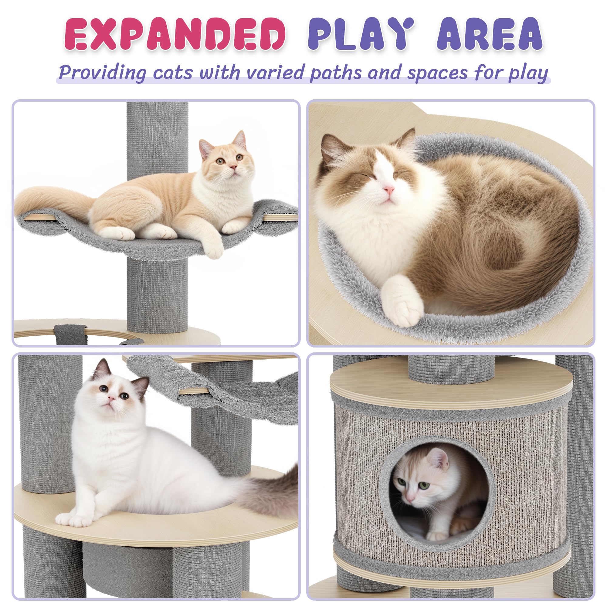 Kamaboko 66'' Extra Large Cat Tree, Tall Cat Tree - 5 Levels Wood Cat Tower W/Cat Condo, Hammocks & Hanging Basket For 2 Cats