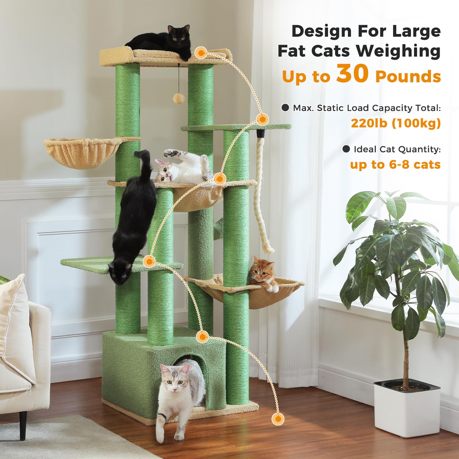 Muttros Cactus Cat Tree For Large Indoor Cats - 67 Tall Cat Tower With 13 Thick (F4.3In) Scratching Posts, Spacious Top Bed, M