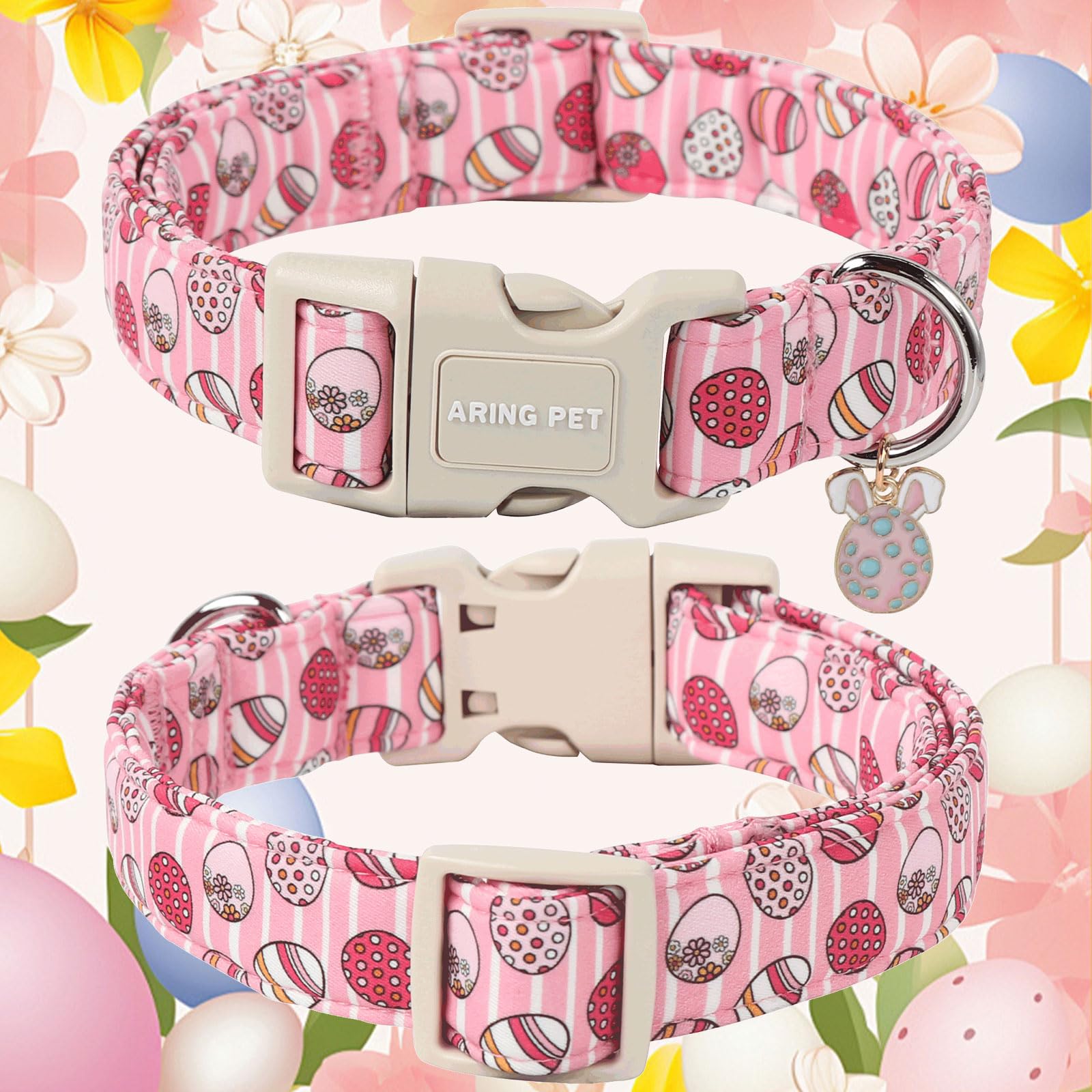 Aring Pet Easter Dog Collar-Cute Easter Eggs Dog Collar, Adjustable Easter Pink Striped Pet Collars Puppy Collar With Quick Rele